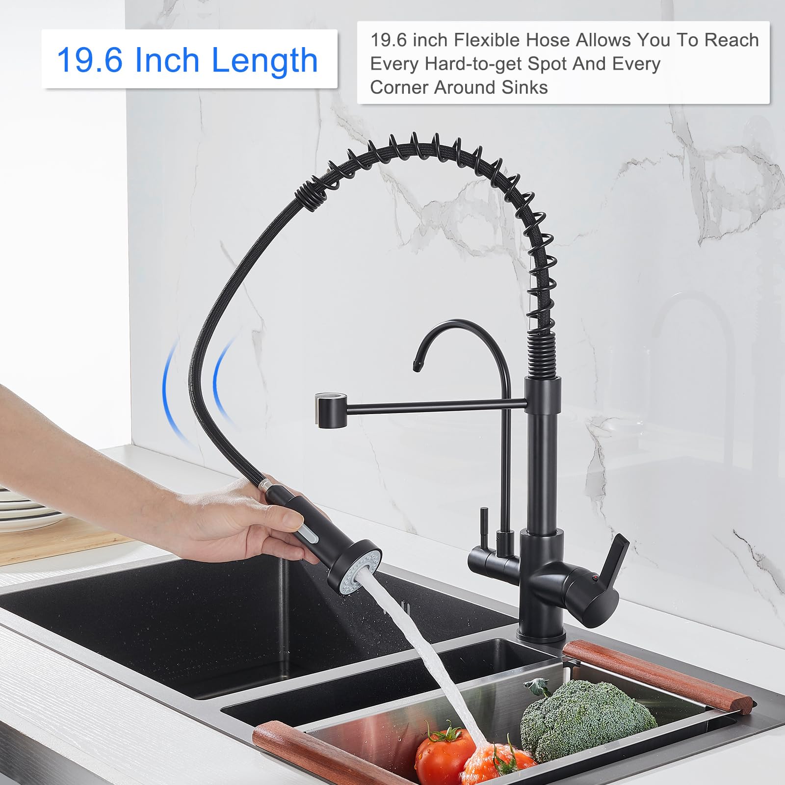 Premium Matte Black Brass Kitchen Faucet - High Arc 3-in-1 Pull Down Sprayer with RO Water Filter System | Commercial Grade for Modern Home & Restaurant Use