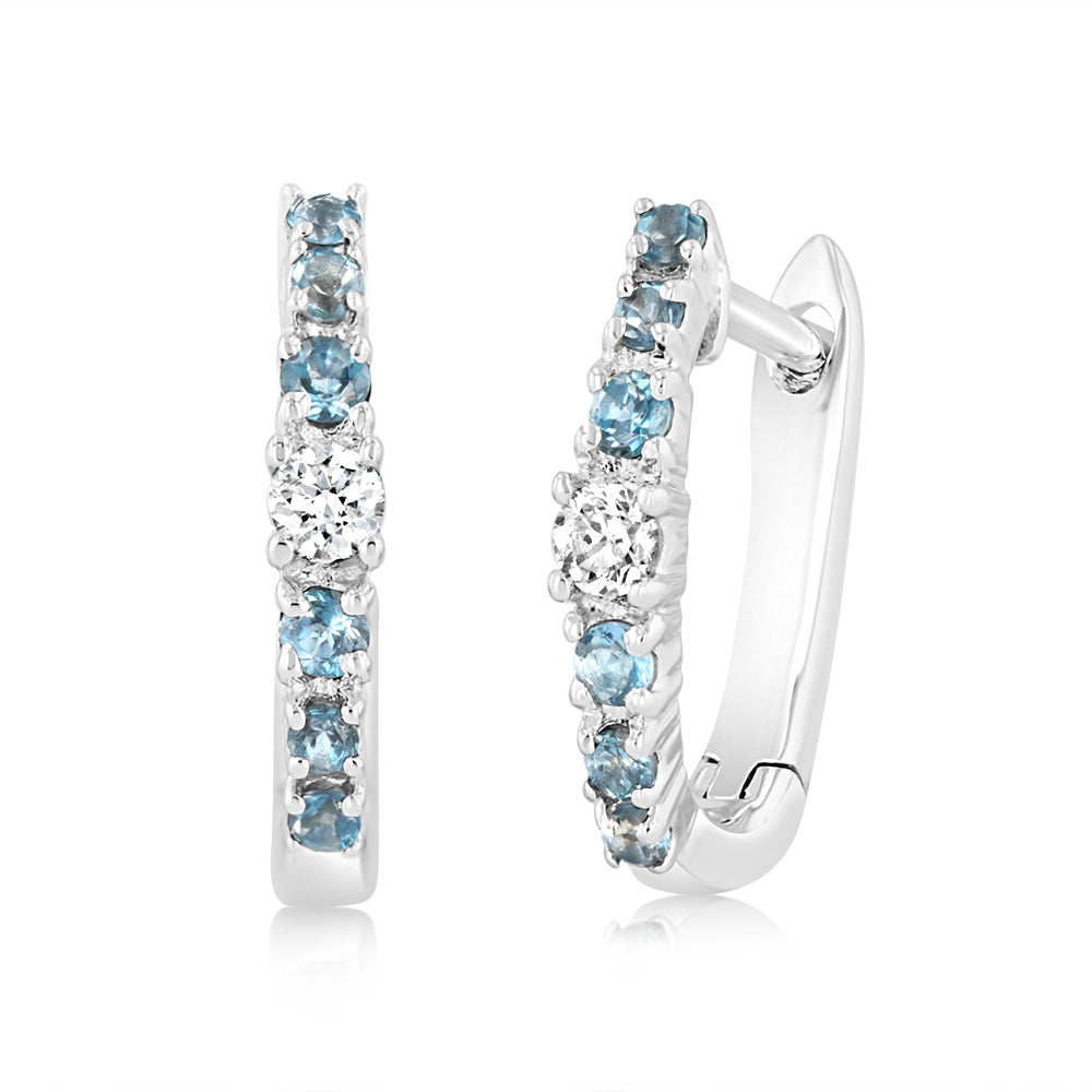 0.24 Carat London Blue Topaz and Diamond Hoop Earrings in 9ct White Gold - Elegant Dangle Earrings for Women, Perfect for Weddings, Parties & Special Occasions
