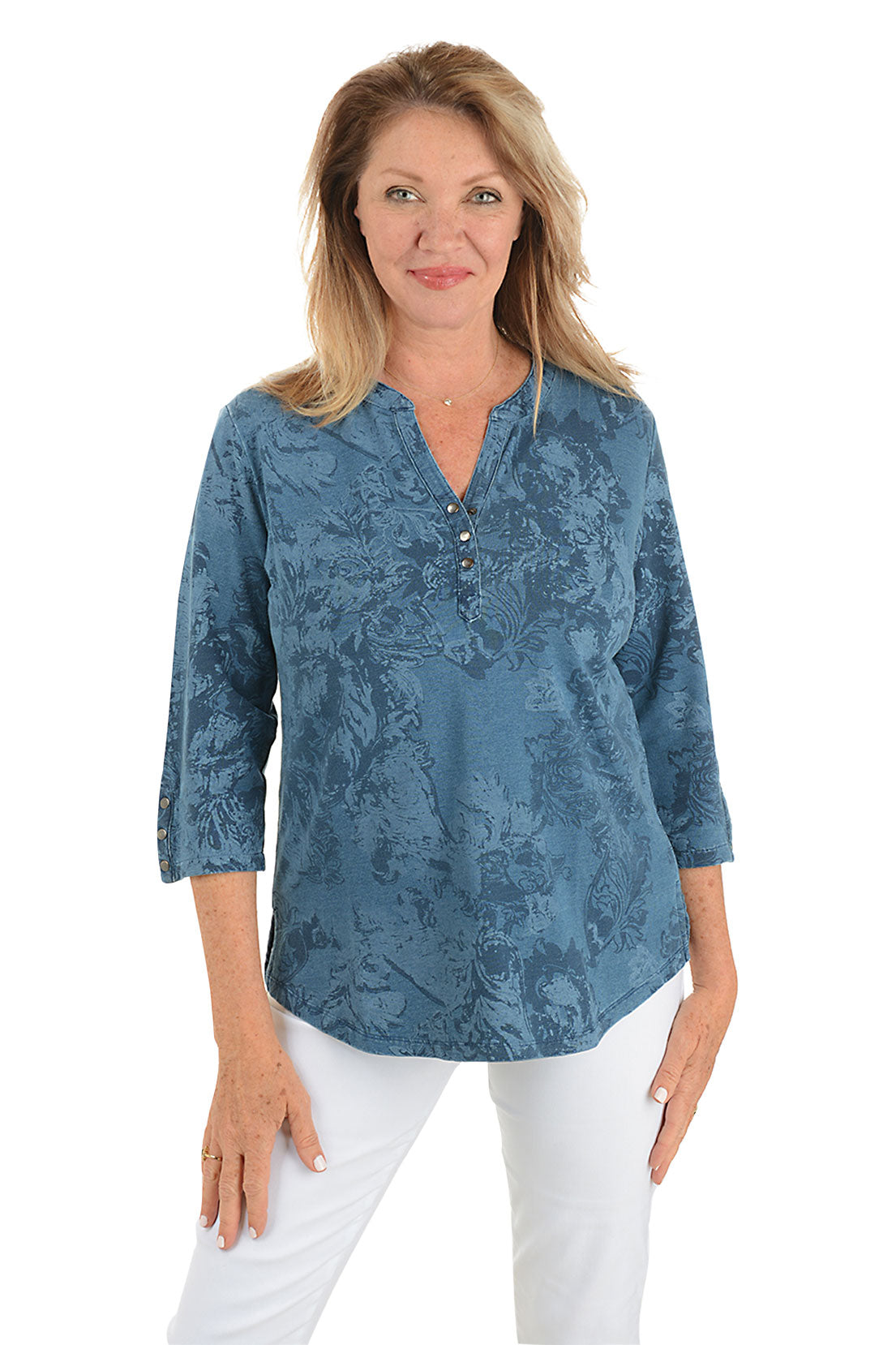 Floral French Terry Henley Top for Women - Soft & Comfortable Casual Shirt with Button Placket - Perfect for Spring Outfits, Layering & Everyday Wear