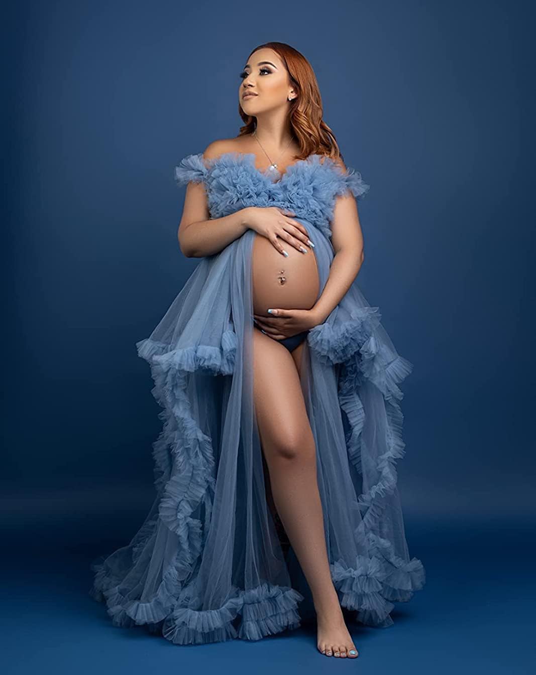 Elegant Maternity Robe - Long Lingerie Bridal Gown with Tulle & Ruffles for Pregnancy Photoshoots, Baby Showers & Honeymoon Nights