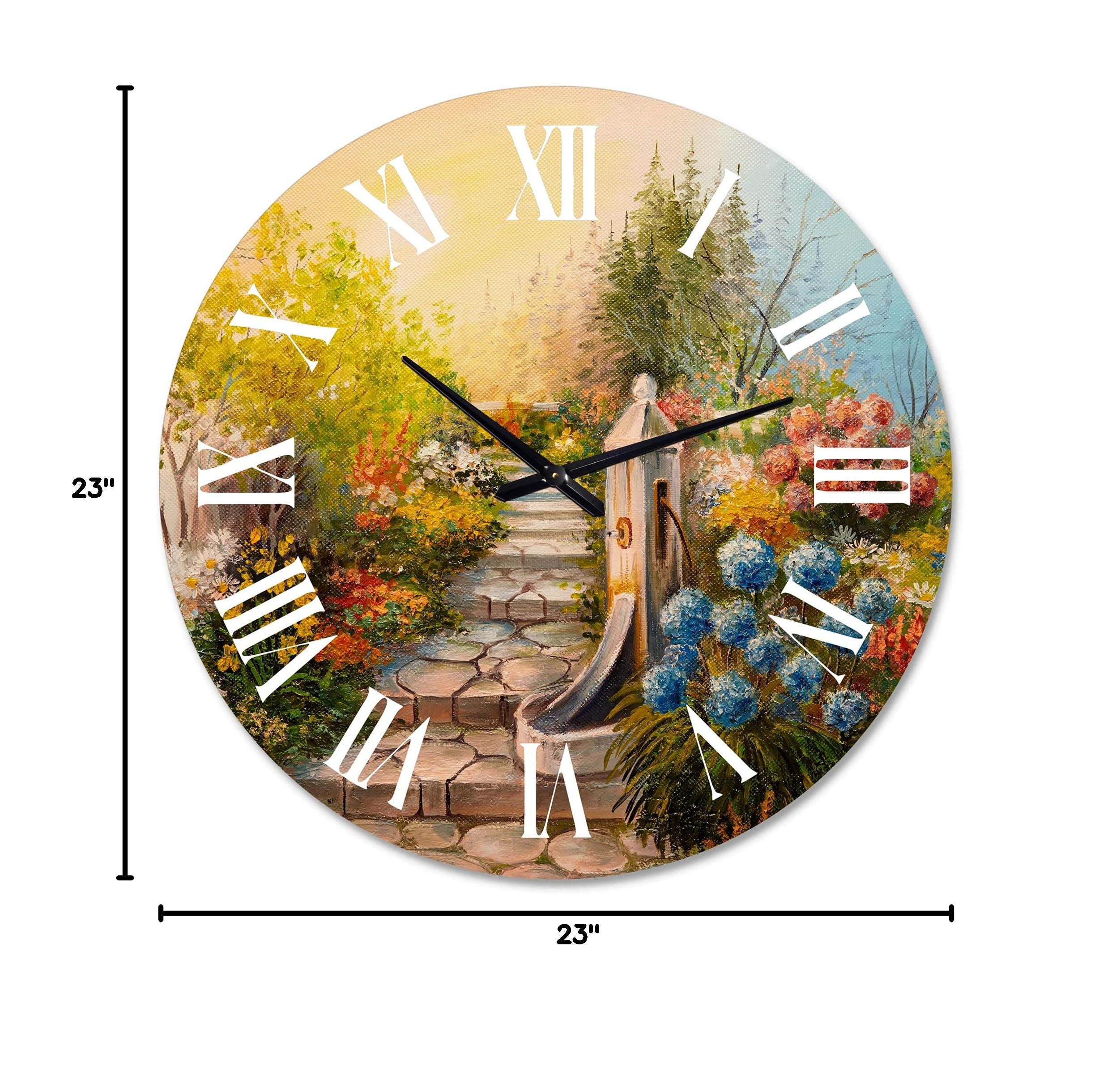 DesignQ Traditional Wall Clock 'Stone Stairs in The Blossoming Forest' - Large Landscape Nature Wall Clock for Bedroom, Living Room, Office Decor - Perfect for Home & Office Interior Design