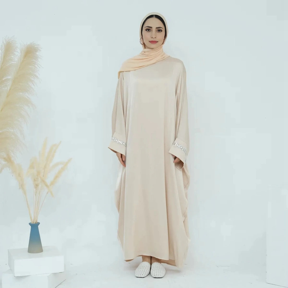 Hotfix Rhinestone Satin Abaya Dress #25814 - Elegant Islamic Evening Gown for Women, Perfect for Weddings, Parties & Special Occasions