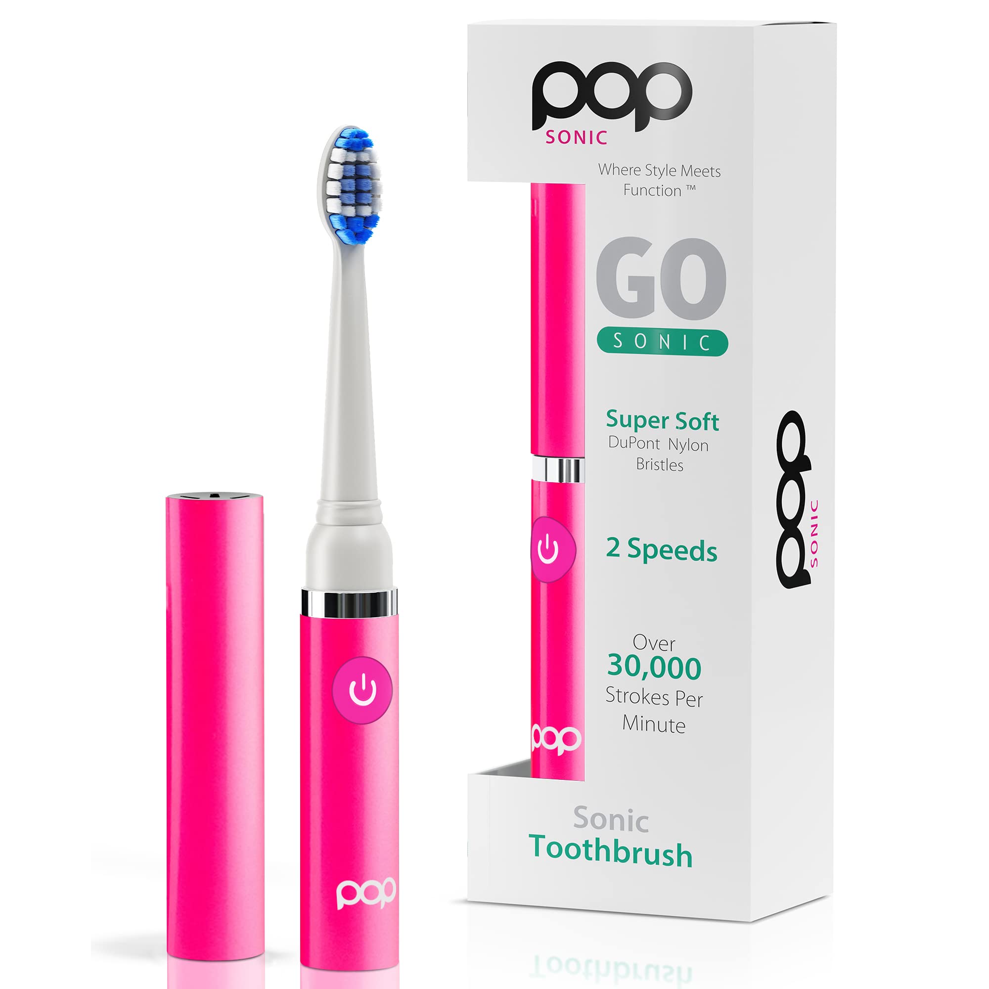 Pop Sonic Electric Toothbrush for Kids & Travel (Pink) - Rechargeable AAA Battery, 2 Speed Modes (15,000-30,000 Strokes/Min), Soft Dupont Nylon Bristles - Perfect for Home, School & Family Trips