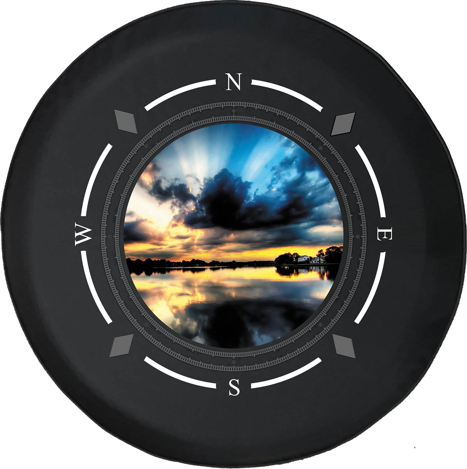 Premium American Unlimited Spare Tire Cover with Compass Lakefront Sunset Design - Universal Fit for SUVs, Trailers, RVs & Most Vehicles - Durable Wheel Protector for Outdoor Adventures & Road Trips