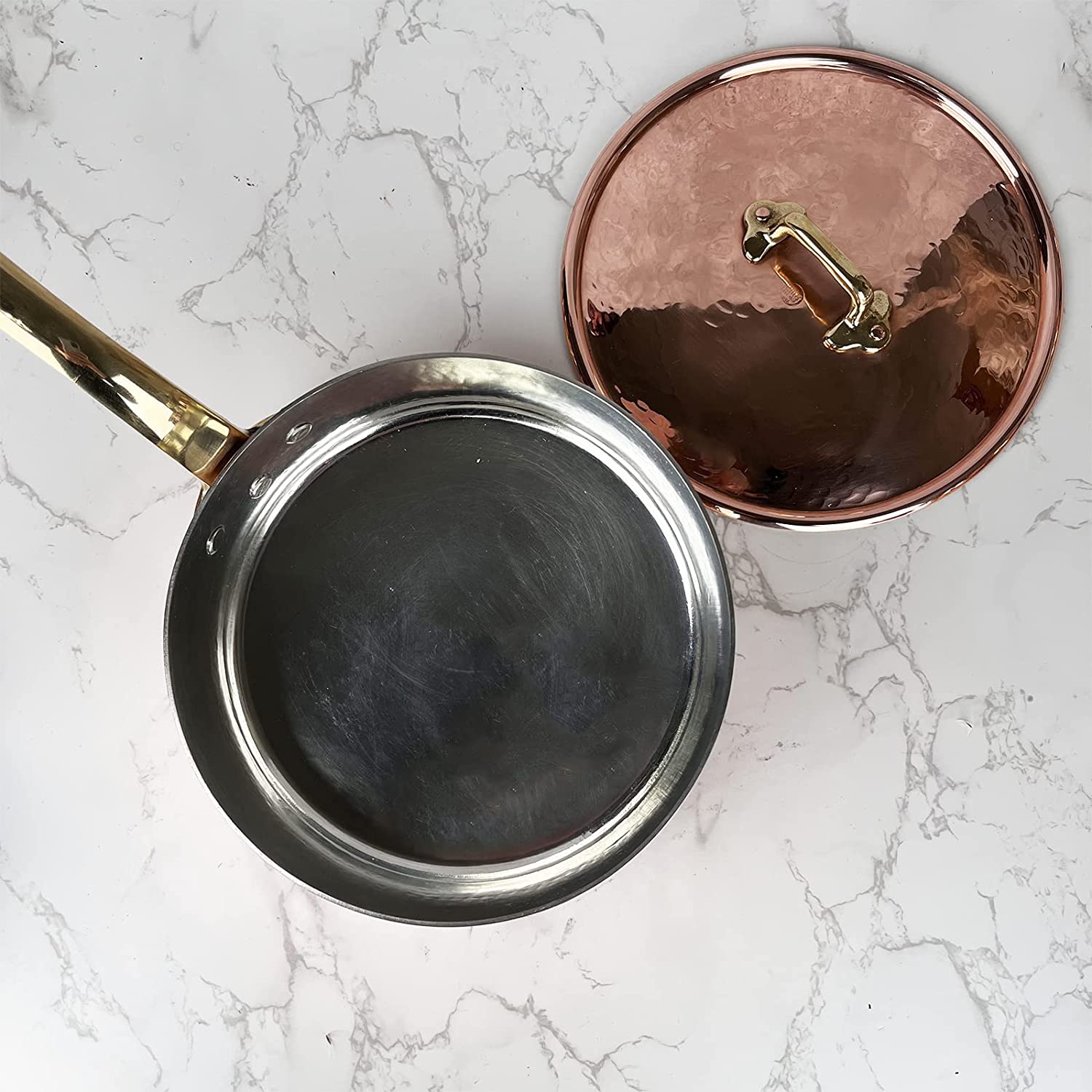 Coppermill Kitchen Vintage Copper & Brass Medium Saute Pan with Lid - 2.25 Quart Hammered Tin-Lined Italian Cookware for Sauteing, Frying & Serving - Perfect for Home Cooking & Gourmet Meals