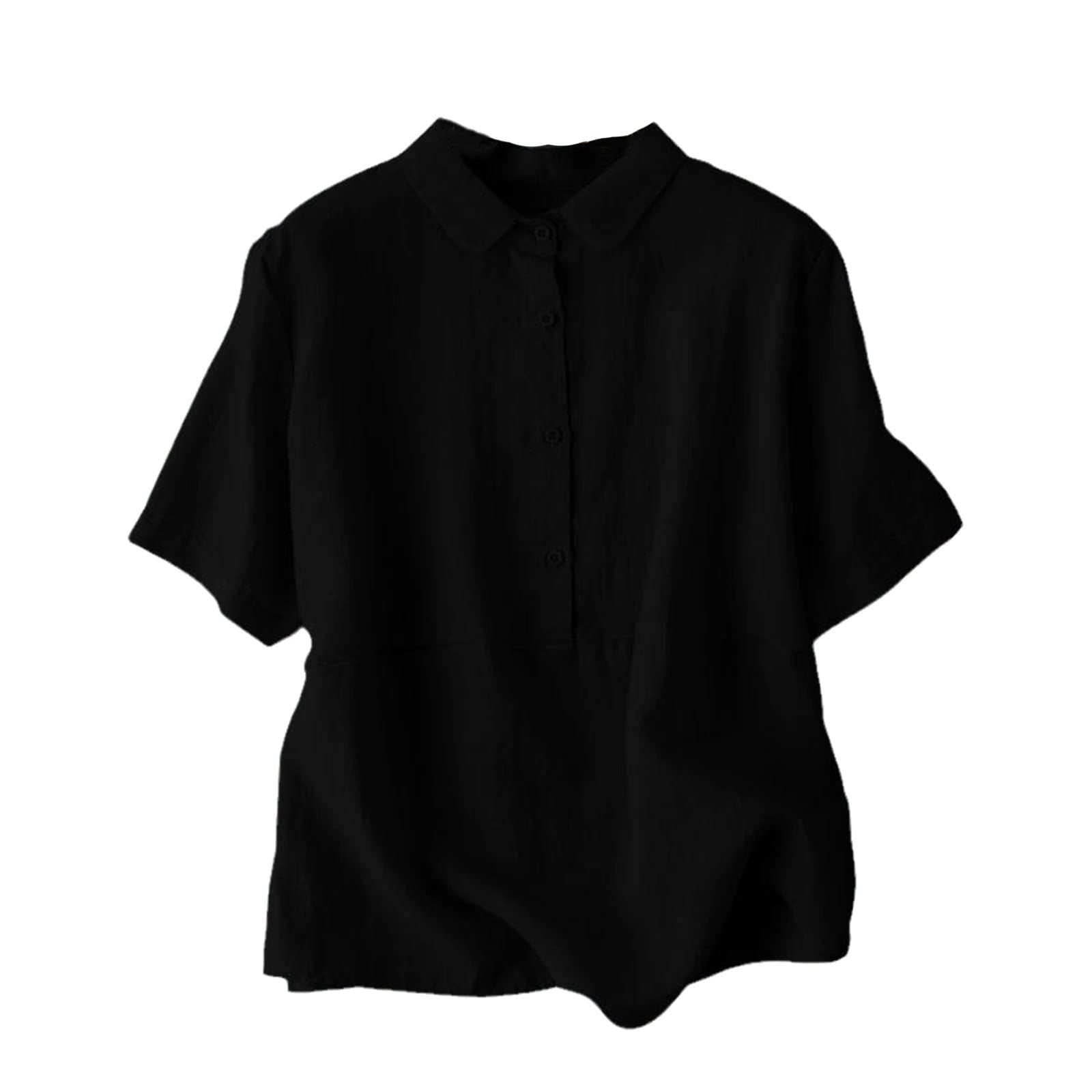 Women's Cotton Linen Blouse - Summer Short Sleeve Casual Tunic Top - Breathable Solid Black Shirt for Work, Travel & Everyday Wear