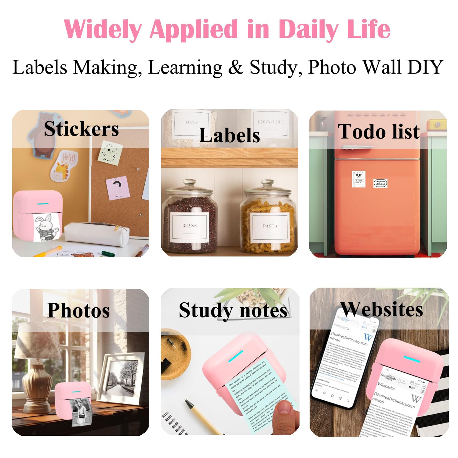 Mini Portable Inkless Sticker Printer - Wireless Thermal Printer for iPhone & Android with 12 Rolls Paper - Print Notes, Photos, Labels & Receipts - Perfect for Home, Office, School & Travel (Pink)