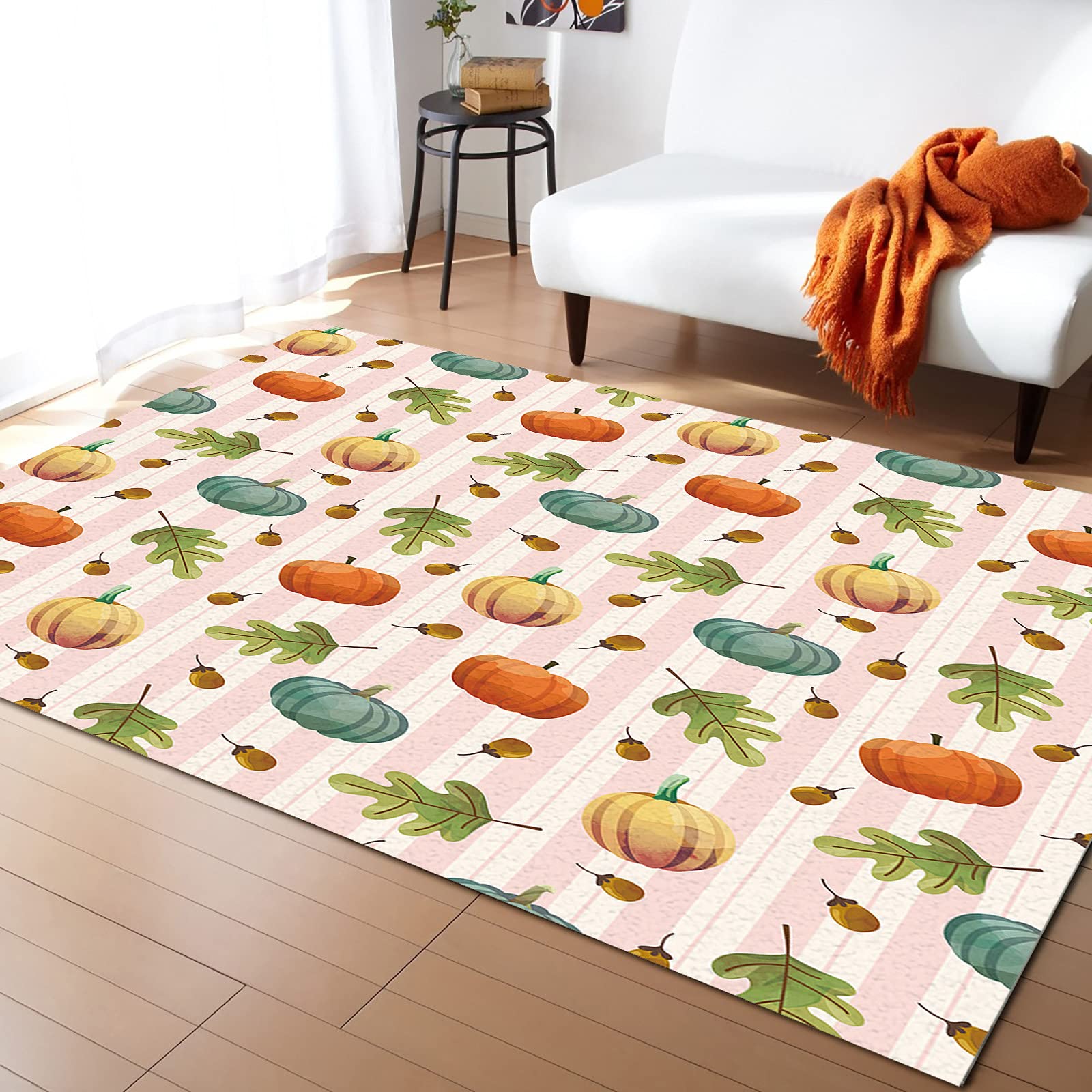 Non-Slip Watercolor Pumpkin Stripes Area Rug - 5' x 8' Washable Rubber Backed Carpet for Living Room & Bedroom | Fade-Proof, Comfortable Floor Mat | Perfect for Home Decor, Cozy Spaces & High-Traffic Areas