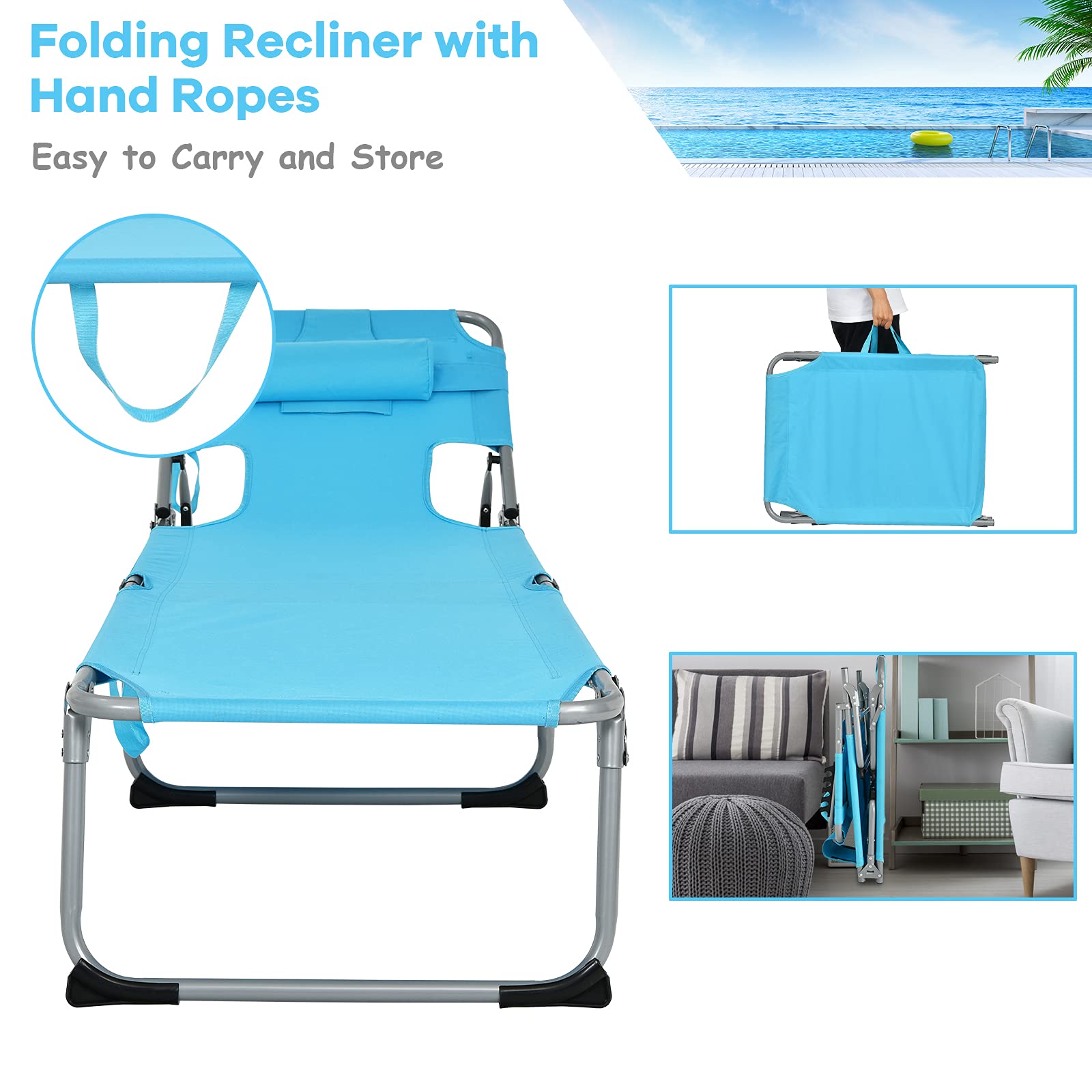 GYMAX Folding Tanning Chair with Adjustable Backrest - Portable Beach Lounger with Face Hole, Arm Holes, Side Pocket & Carry Handle - Outdoor Sunbathing Chair for Patio, Pool, Beach & Backyard Relaxation (Turquoise)