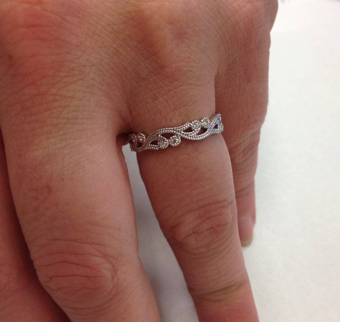 1/6ct Vintage Scroll Stackable Diamond Ring - 14K White Gold Engagement Wedding Band for Women - Perfect for Anniversary, Proposal & Everyday Elegance