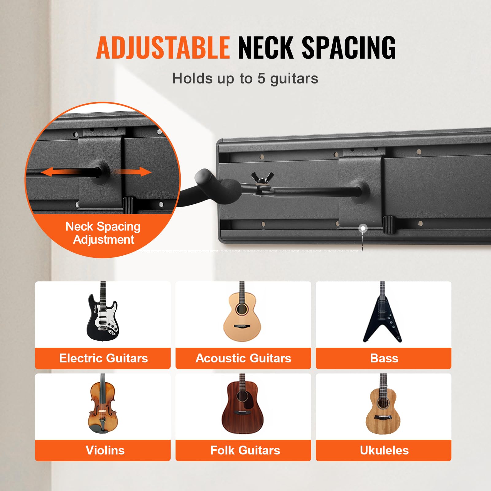 VEVOR 5-Guitar Wall Mount Hanger - Adjustable Aluminum Guitar Wall Rack Display Stand for Acoustic, Electric Guitar, Bass, Banjo & Mandolin | Space-Saving Guitar Storage & Organization for Home, Studio & Music Room