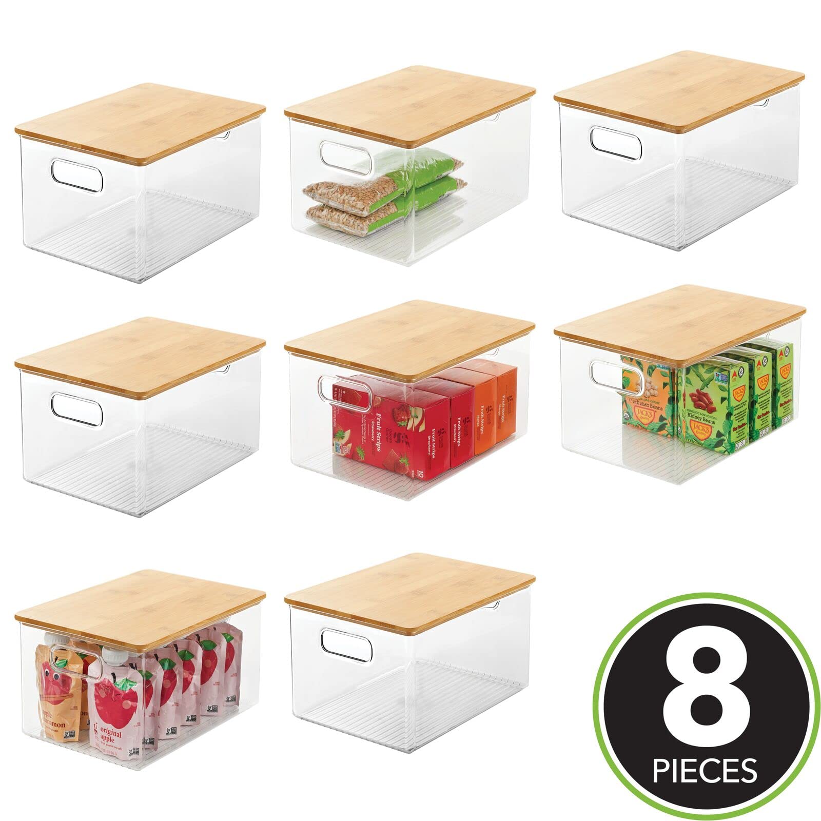 mDesign Plastic Stackable Kitchen Pantry Cabinet Organizer - 8-Pack Clear/Natural Food Storage Bins with Bamboo Lids & Built-In Handles - Perfect for Organizing Fruits, Snacks, Pasta & Jars in Pantry, Cabinet or Countertop - Ligne Collection