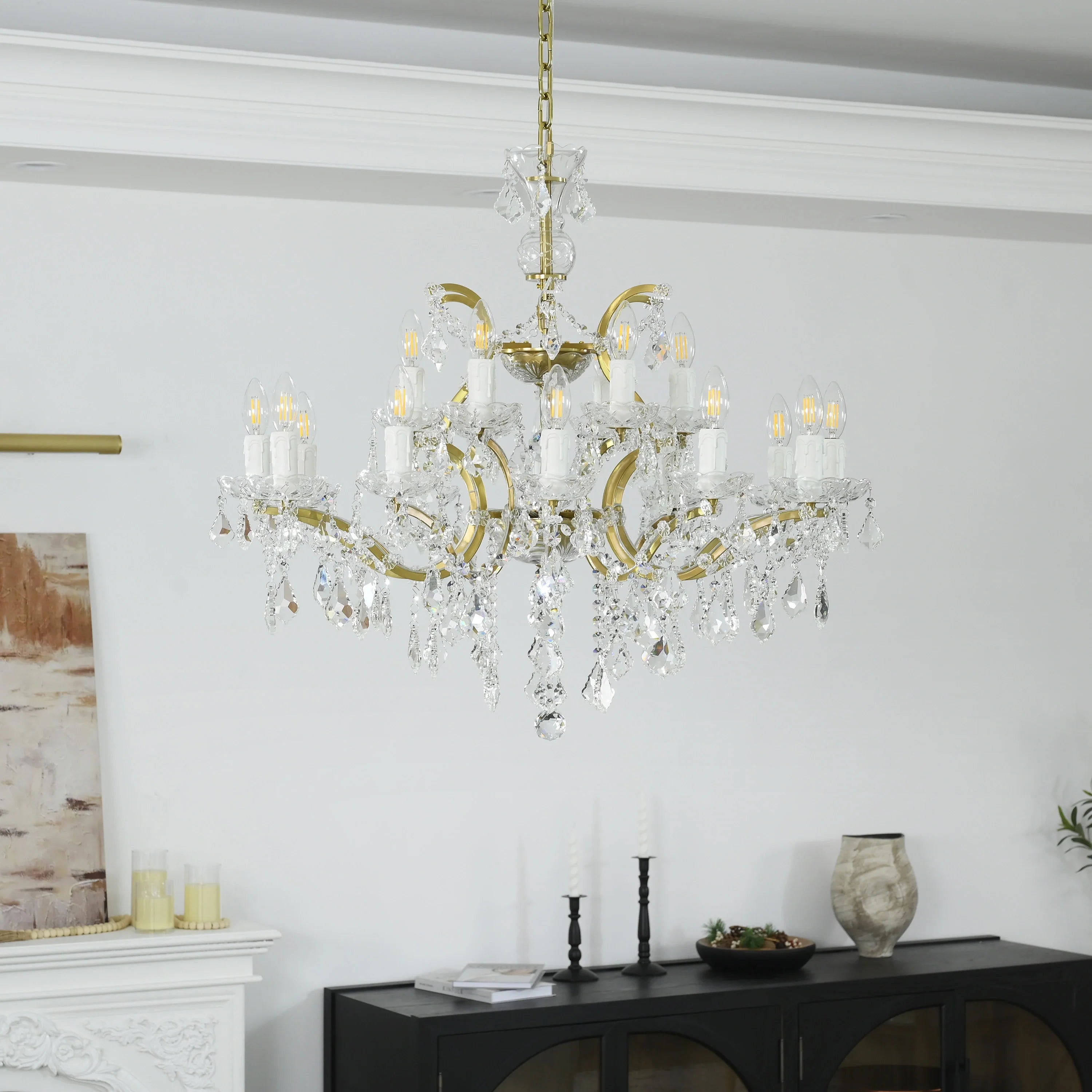 19th Century Rococo Style Iron and Crystal Round Chandelier - 33 Inch Antique Lighting Fixture for Dining Room, Foyer, or Ballroom Decor
