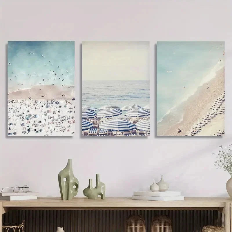 3-Piece Blue and White Beach Umbrella Wall Art Set - 40x60cm Framed Canvas Prints | High Quality Australian Made | Ready to Hang for Living Room, Bedroom & Coastal Decor