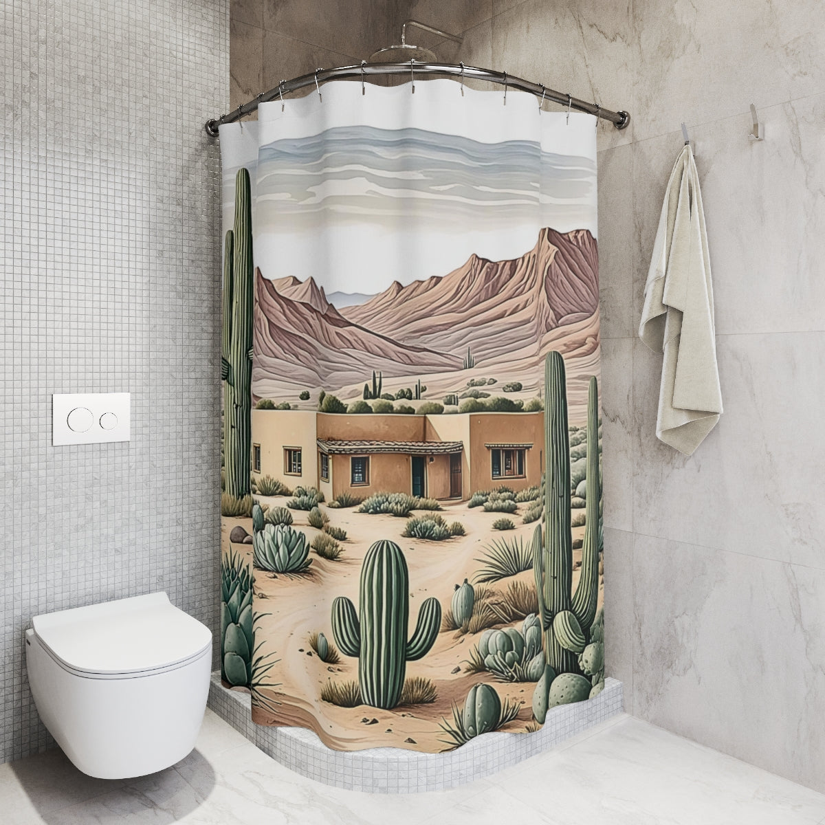 Scenic Desert Shower Curtain with Cactus & Adobe Design - Southwestern Bathroom Decor for Boho & Rustic Western Style - Perfect for Desert-Themed Bathrooms & Southwest Home Decor