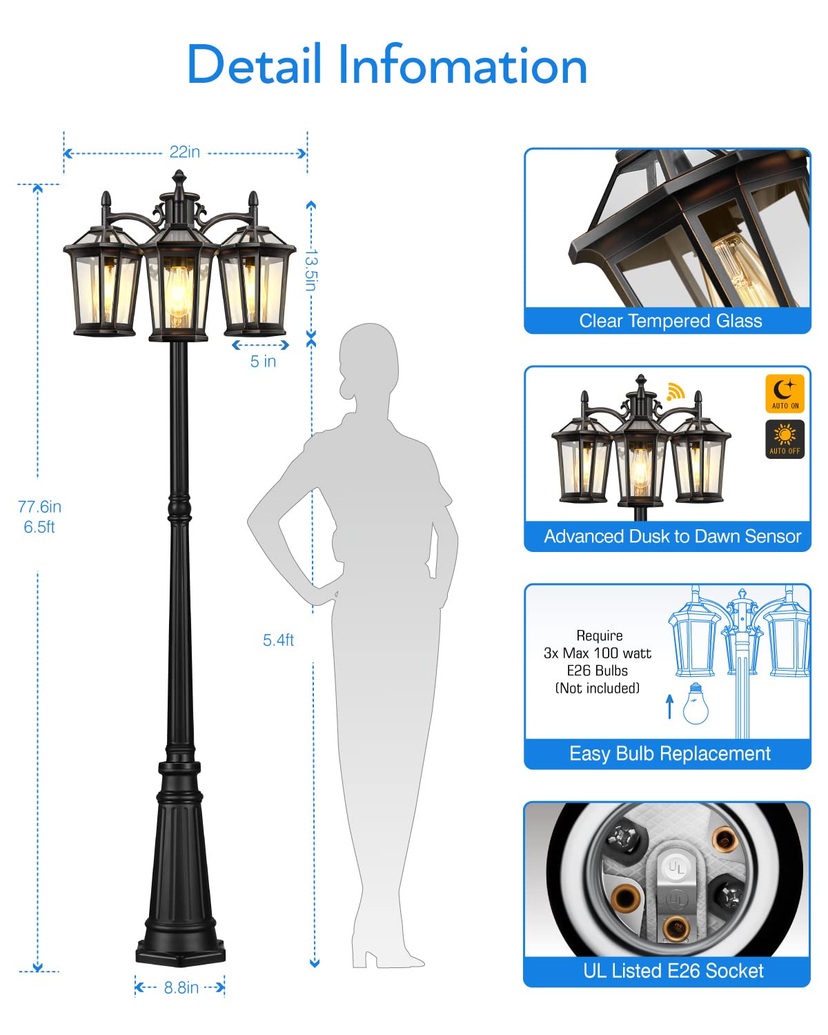 VIANIS 3-Head Outdoor Post Light - Dusk to Dawn Waterproof Aluminum Street Lamp with Tempered Glass - Perfect for Backyard, Garden, Patio, Driveway & Pathway Lighting