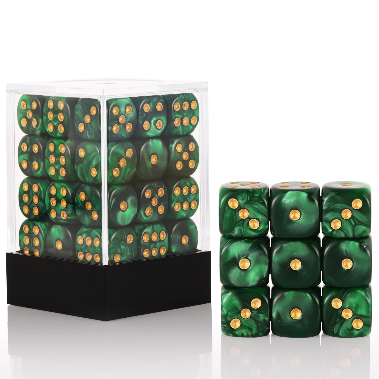 36-Pack 12mm Six-Sided Mini Dice Set - Pearl Pattern Game Dice for Yahtzee, Bunco, Math Teaching & Board Games | Includes Portable Plastic Storage Box (Green Pearl) | Perfect for Family Game Nights, Classroom Activities & Casino-Themed Parties