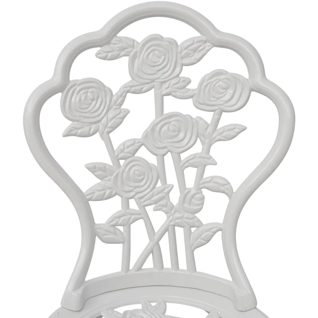 vidaXL 3-Piece White Outdoor Patio Bistro Set with Round Table & 2 Chairs - Durable Cast Aluminum Top & Iron Legs with Floral Design - Perfect for Garden, Balcony or Backyard Dining