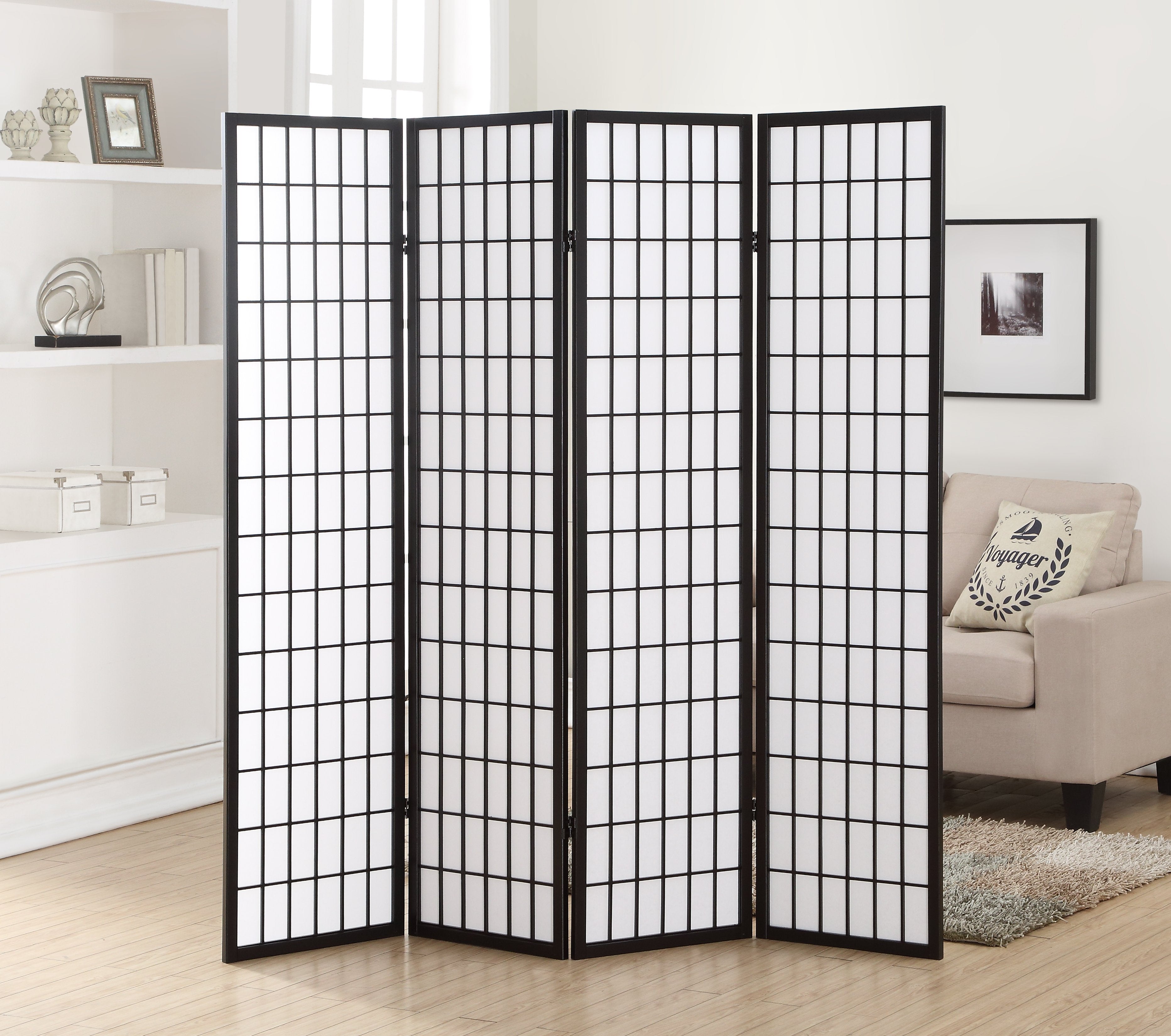 Roundhill Furniture 4-Panel Oriental Shoji Screen Room Divider in Black - Handcrafted Asian-Inspired Privacy Partition for Home, Office & Meditation Spaces