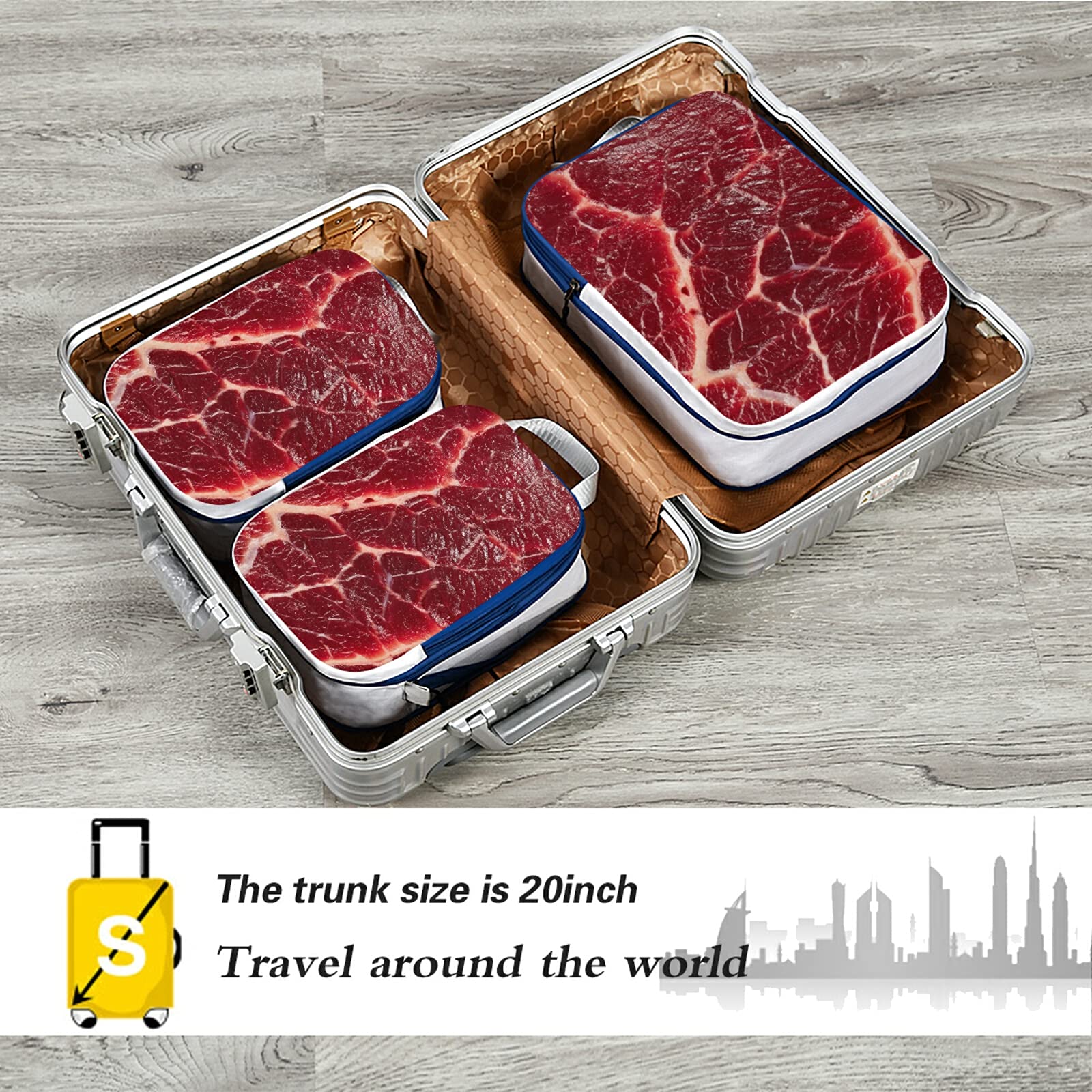 Premium 3-Piece Steak Beef Texture Packing Cubes Set - Waterproof Check Oxford Cloth Travel Organizers for Toiletries & Storage - Perfect for Camping, Business Trips & Vacation Luggage Organization
