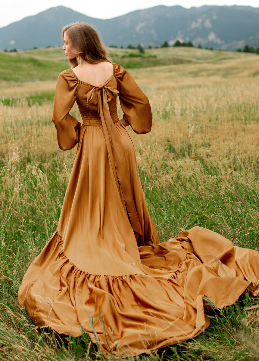 Lorna Impact Dress in Dark Honey - Elegant Women's Flowy Midi Dress for Casual Wear, Date Night & Special Occasions