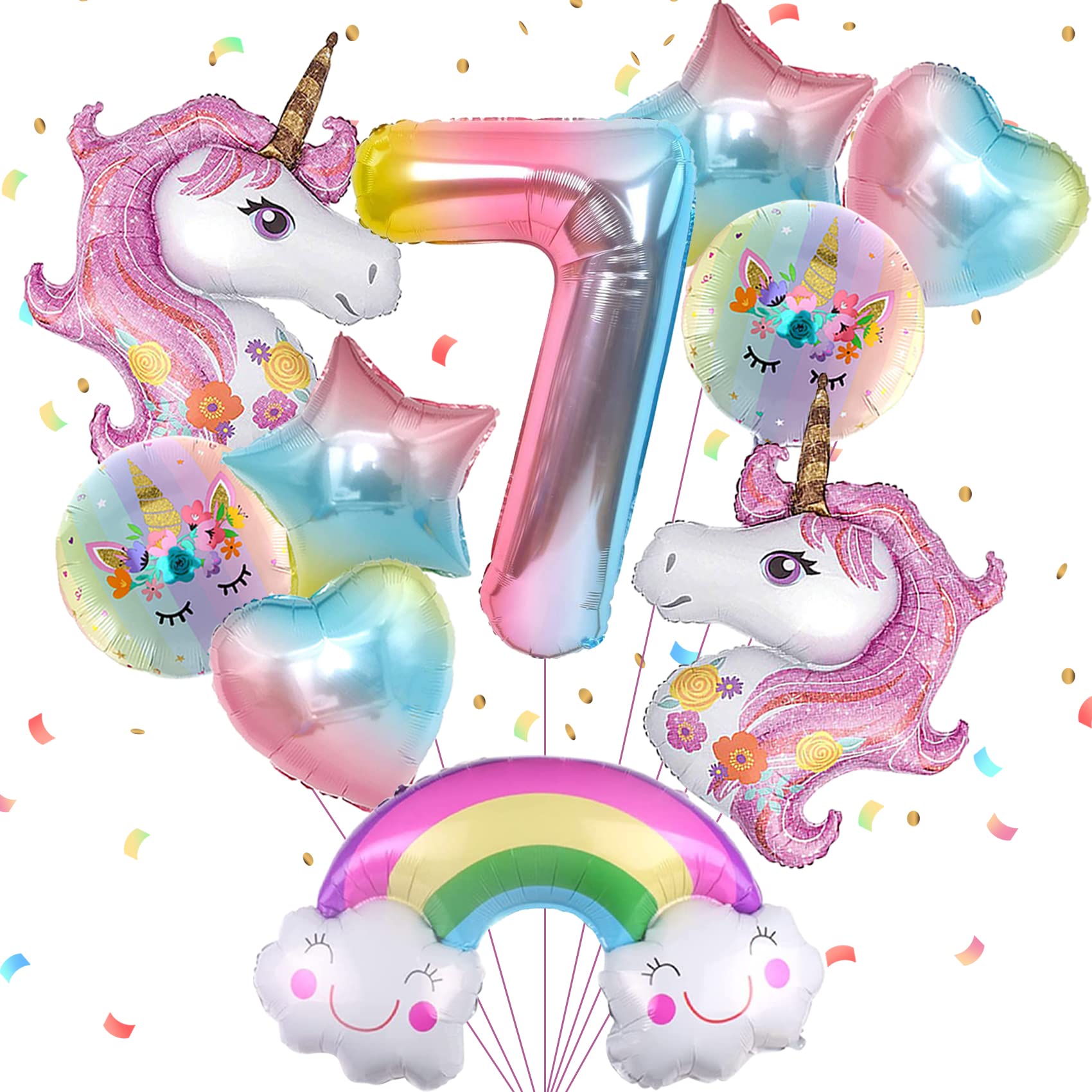 JOYYPOP Unicorn Birthday Decorations for Girls - 10pcs Unicorn Balloons Set with Rainbow, Heart, Star & Number 7 Foil Balloons | Perfect for 7th Birthday Party Decor, Baby Shower, Unicorn Theme Party & Kids Room Decorations