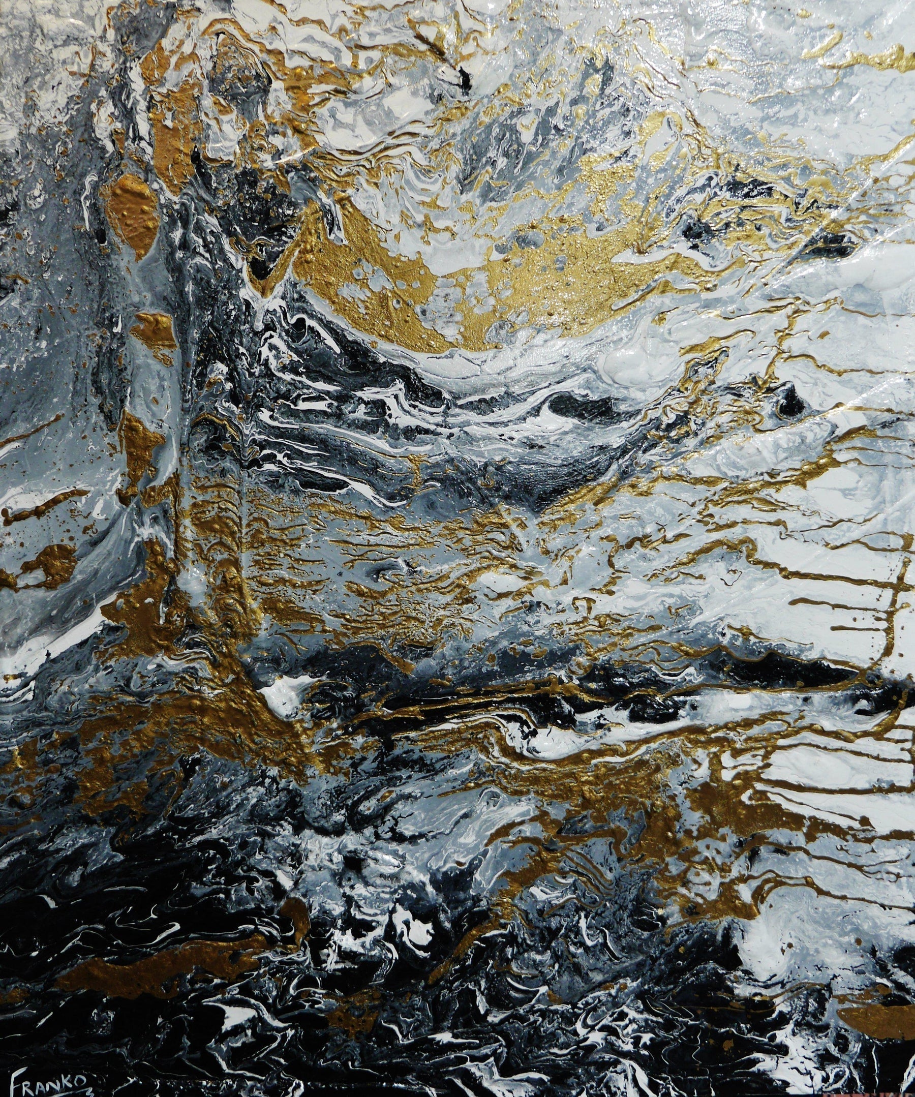 Golden Interlude 120cm x 100cm Grey Black Gold Textured Abstract Canvas Wall Art - Modern Home Decor for Living Room, Bedroom & Office