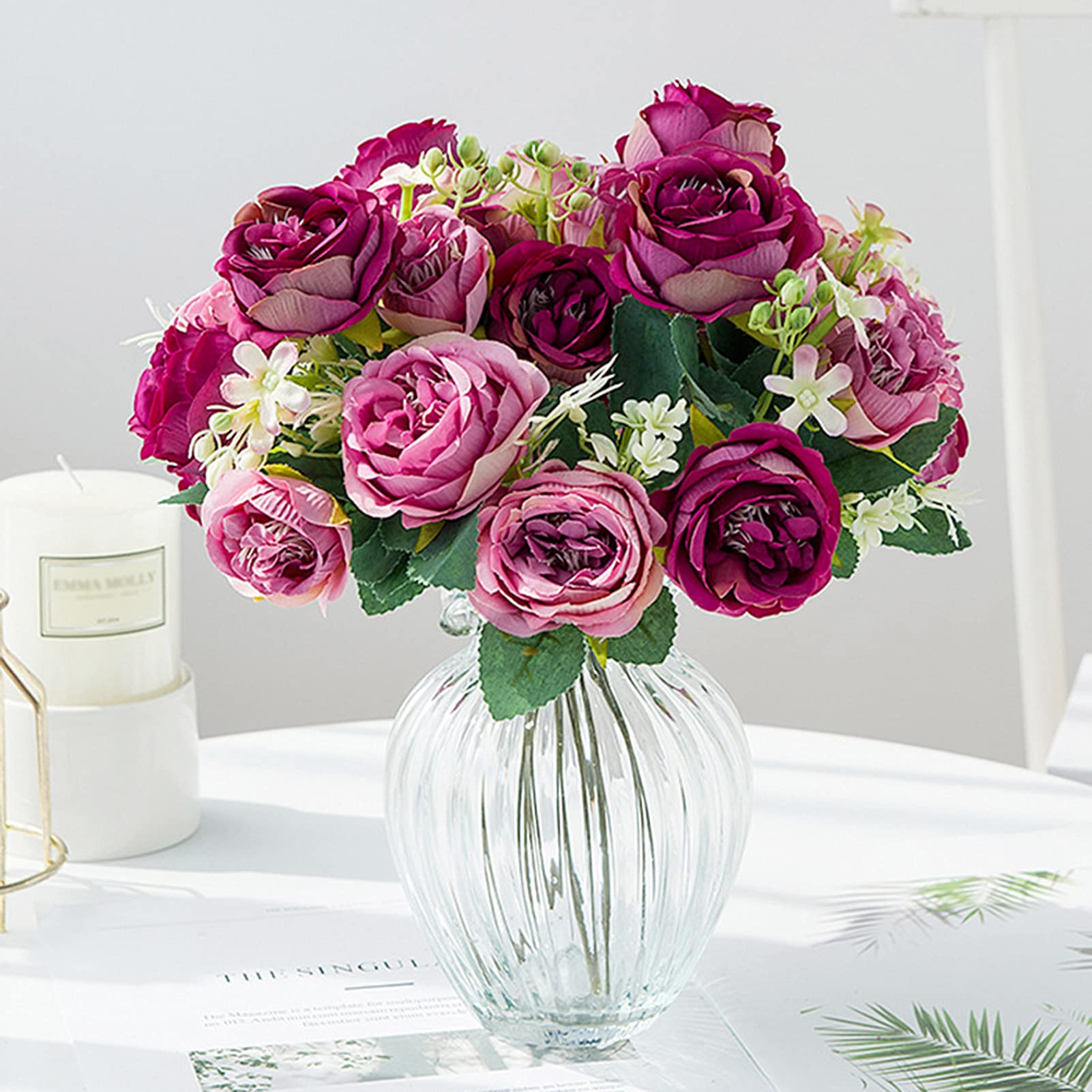 Premium Artificial Peony Bouquet - Silk Fake Flowers for Home & Office Decor, Wedding Centerpieces, Vase Arrangements - Pink & Purple Faux Floral Decor for Living Room, Meeting Room, Tabletop Landscaping