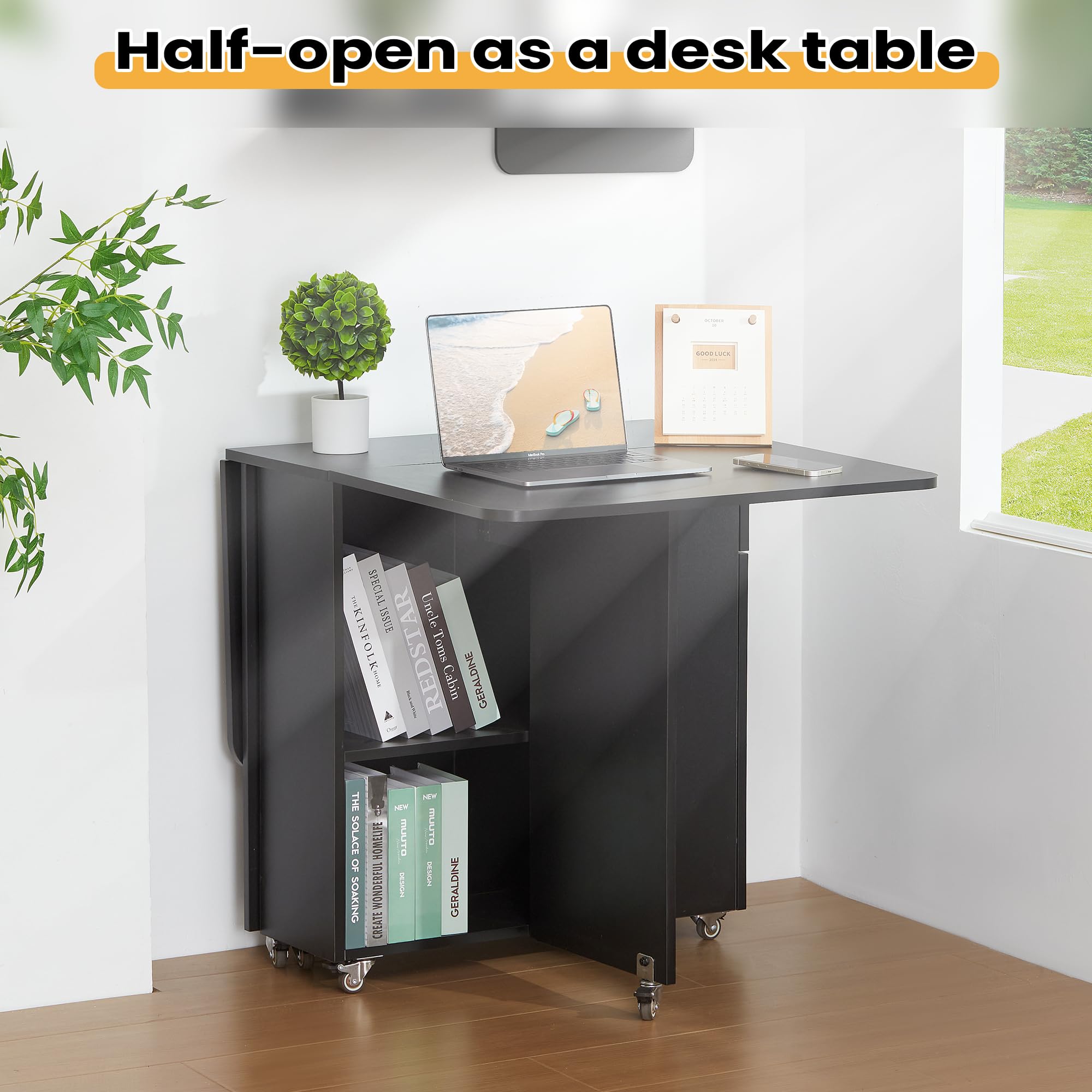 Space Saving Drop Leaf Folding Dining Table with Lockable Wheels & Storage Drawer - Extendable Kitchen Table for Small Apartments, Breakfast Nook, Studio Living & RV Homes