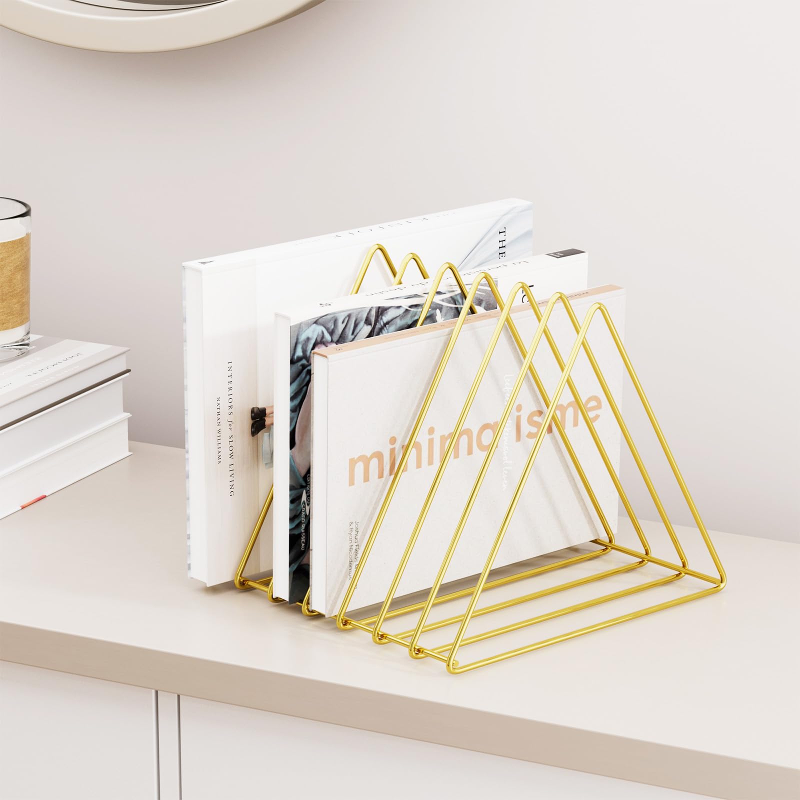 Metal Wire Magazine Holder - 7-Section Desk Organizer for Office, Vinyl Record Storage, Decorative File Folders (Gold, Pack of 2) - Perfect for Home Office, Study Room & Workspace Organization