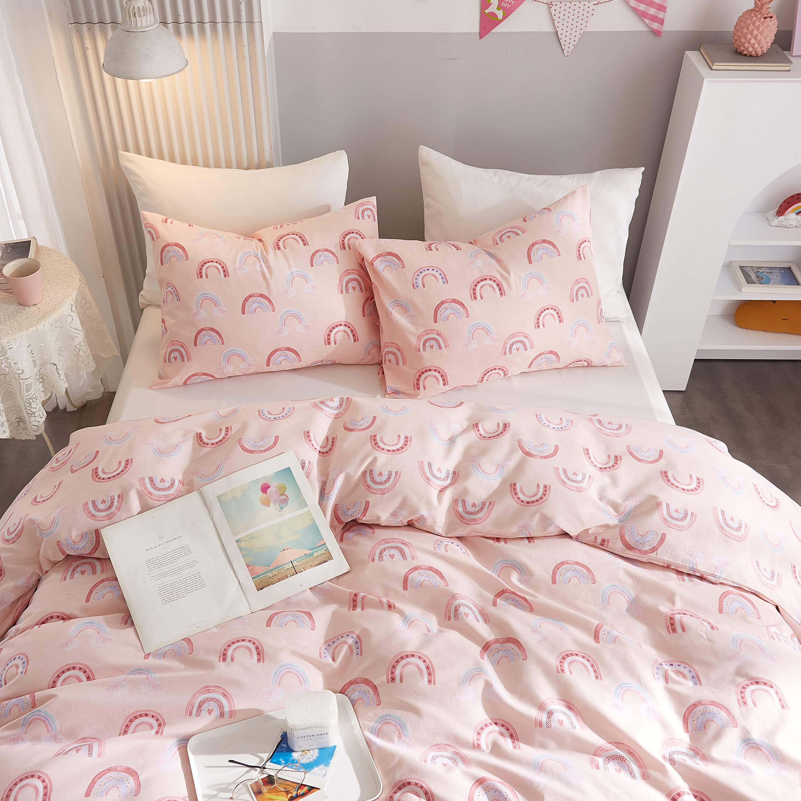 Ivellow Twin Duvet Cover Set - 100% Cotton Rainbow Pink Kawaii Bedding for Girls | Ultra Soft & Breathable 3-Piece Kids Comforter Cover with Cute Cartoon Pattern | Perfect for Toddler, Teen & Kids' Bedrooms, Sleepovers & Nursery Decor