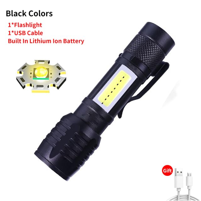 Rechargeable LED Pocket Flashlight with Clip - USB Charging, Compact & Bright Torch for Camping, Hiking, Emergency (Black)
