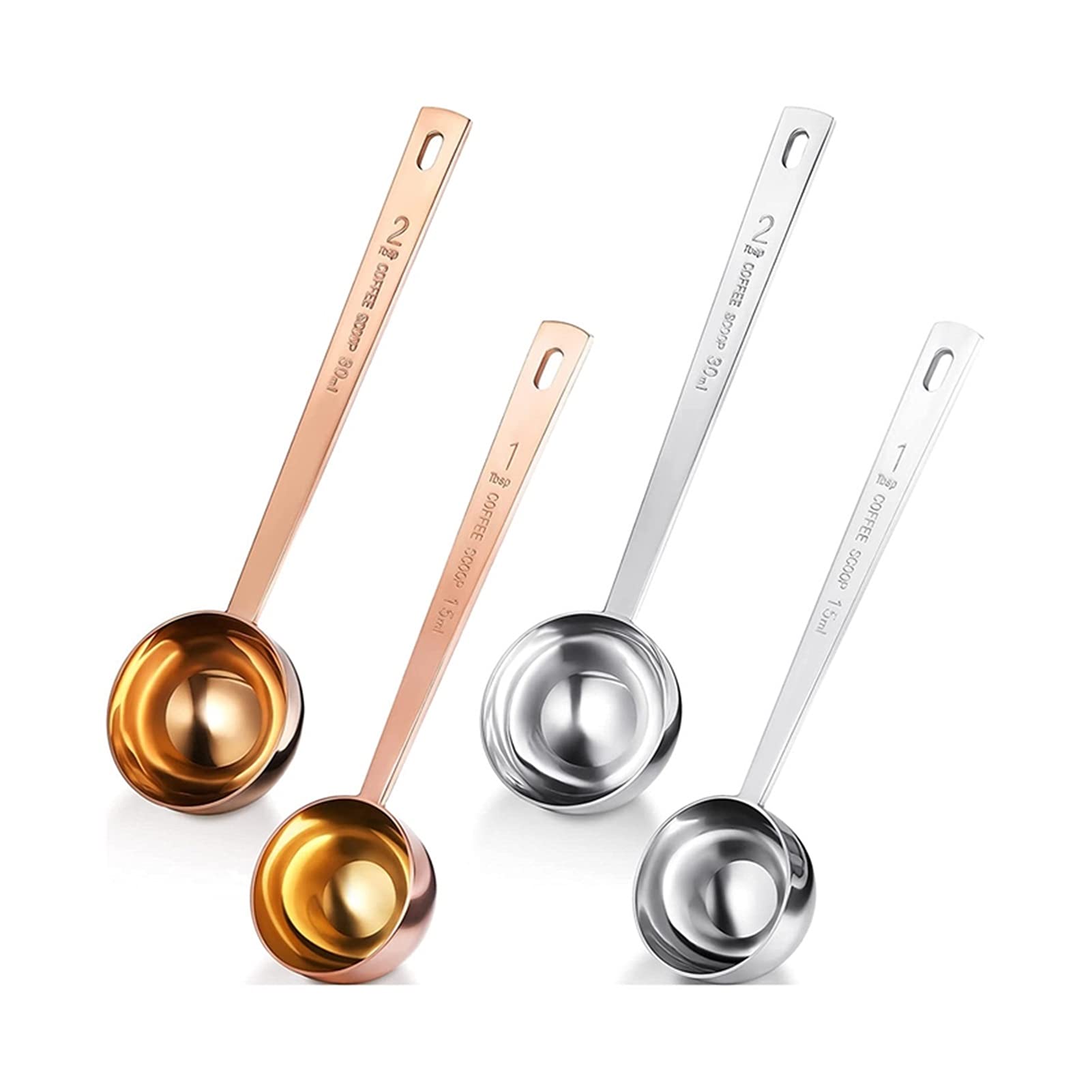Stainless Steel Coffee Scoop Set of 4 - Measuring Spoons for Coffee, Tea, Flour & Sugar - Silver & Rose Gold Kitchen Accessories - Perfect for Home Barista, Baking & Coffee Shops