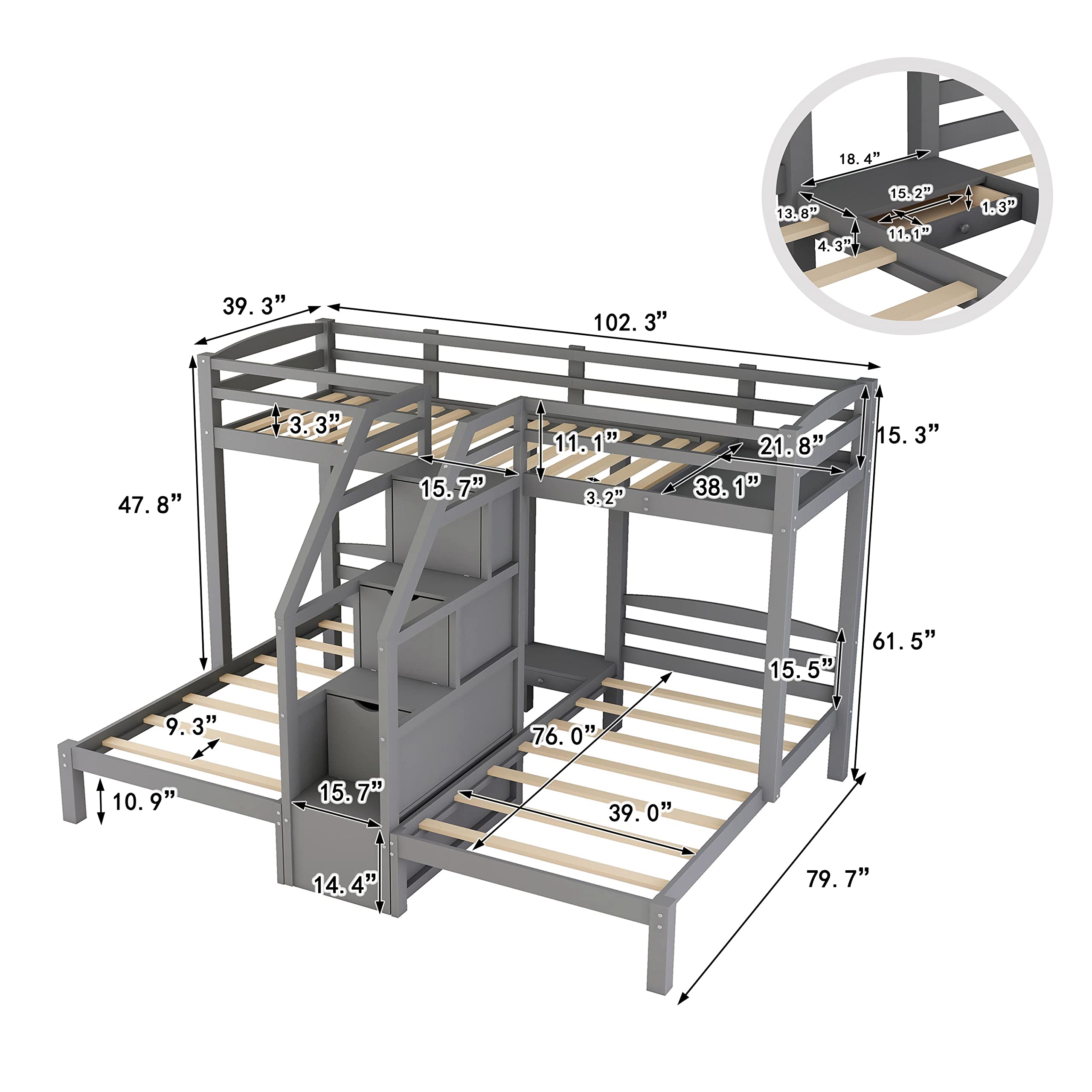 Harper & Bright Designs Triple Bunk Bed with Storage Staircase - Wood Twin Over Twin & Twin Bunk Bed Frame with Drawers & Shelves - 3-in-1 Space Saving Solution for Kids & Teens Bedroom - No Box Spring Needed (Grey) - Perfect for Small Rooms, Shared Kids' Bedrooms & Vacation Homes