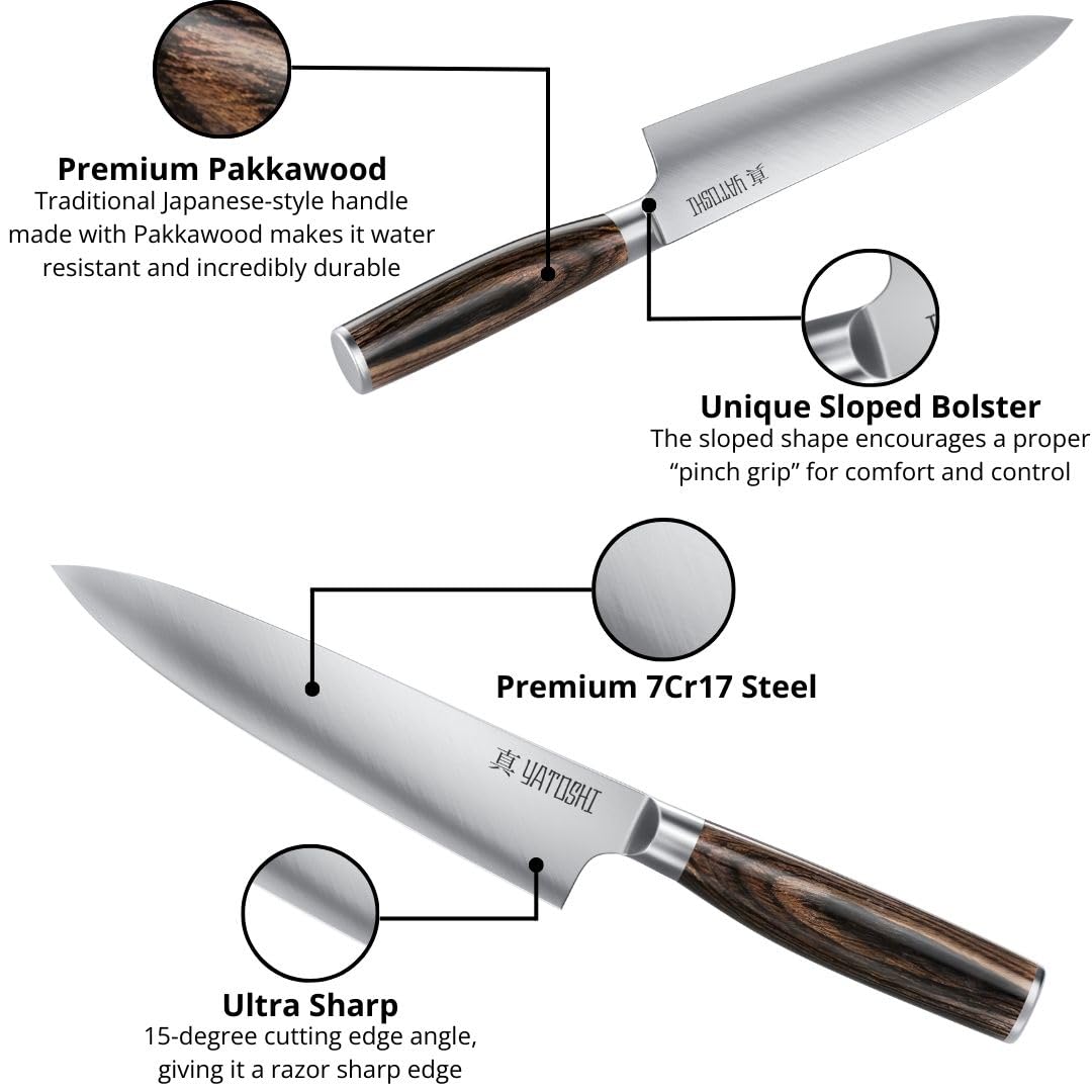 Yatoshi 15-Piece Professional Knife Block Set - Ultra Sharp High Carbon Stainless Steel Kitchen Knives with Ergonomic Handle for Chefs & Home Cooking | Perfect for Meat Cutting, Vegetable Chopping & Food Prep
