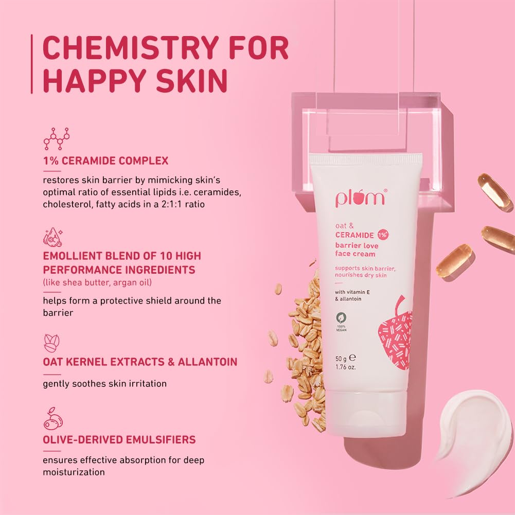 Plum Oat & 1% Ceramide Face Cream for Dry Skin | Barrier Repair Moisturizer with Vitamin E & Allantoin | Strengthens & Hydrates Skin | Unisex Skincare for Women & Men | 50g | Perfect for Night Routine & Winter Care