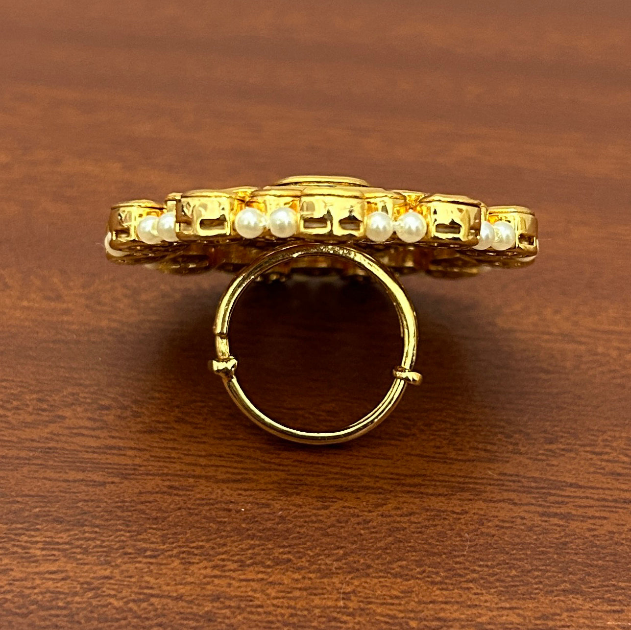 Elegant Designer Gold Plated Royal Kundan Pearl Beaded Ring (D233) - Perfect for Weddings, Parties & Special Occasions