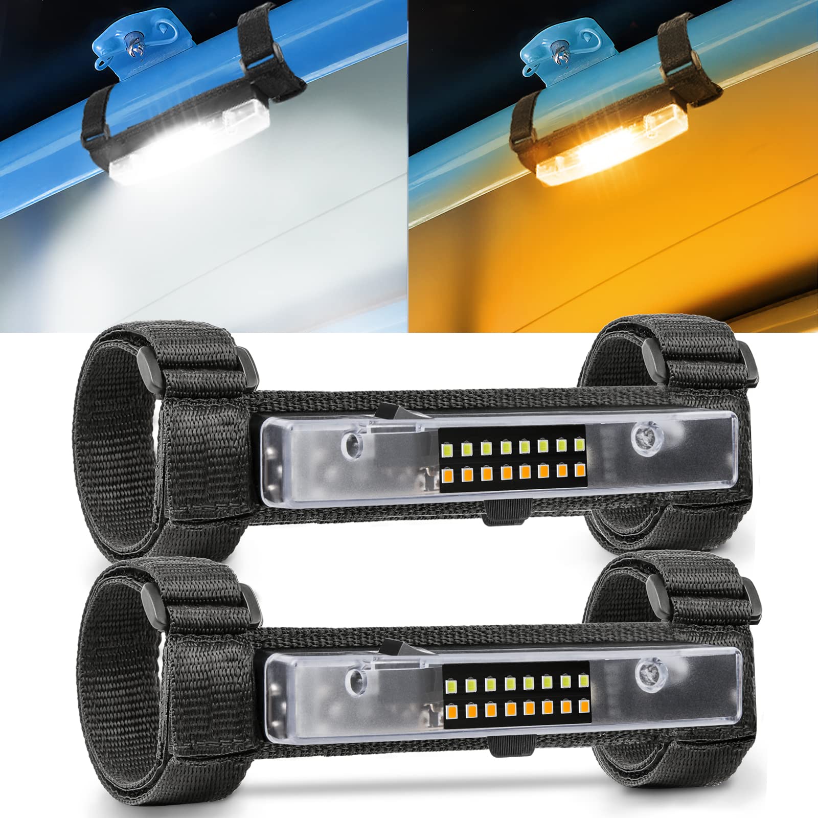 UTV Dome Light - Universal Roll Bar Mount LED Interior Light & Map Marker for UTV, SXS, Can Am, Polaris RZR, Honda, Kawasaki, Golf Cart, Truck, Car - Battery Powered White & Amber Lights (2 Pack) - Perfect for Off-Roading, Camping & Night Driving