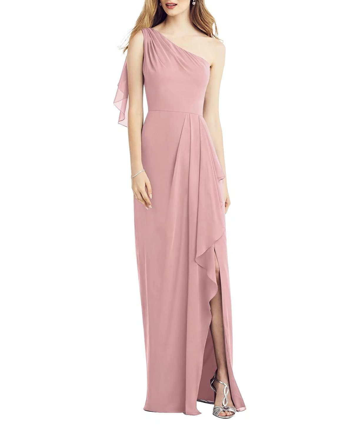 Elegant A-Line One Shoulder Bridesmaid Dress - Sleeveless Floor Length Formal Gown with Front Slit & Ruffle Detail | Perfect for Weddings, Prom, Evening Parties & Special Occasions