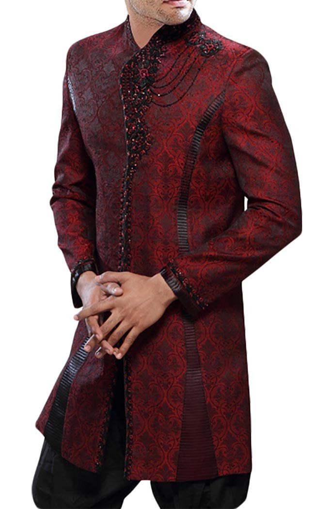 Men's Red Indo-Western Hand Embroidered Sherwani Wedding Outfit IN291XL54 54 X-Long - Traditional Indian Groom Attire for Weddings, Festivals & Special Occasions
