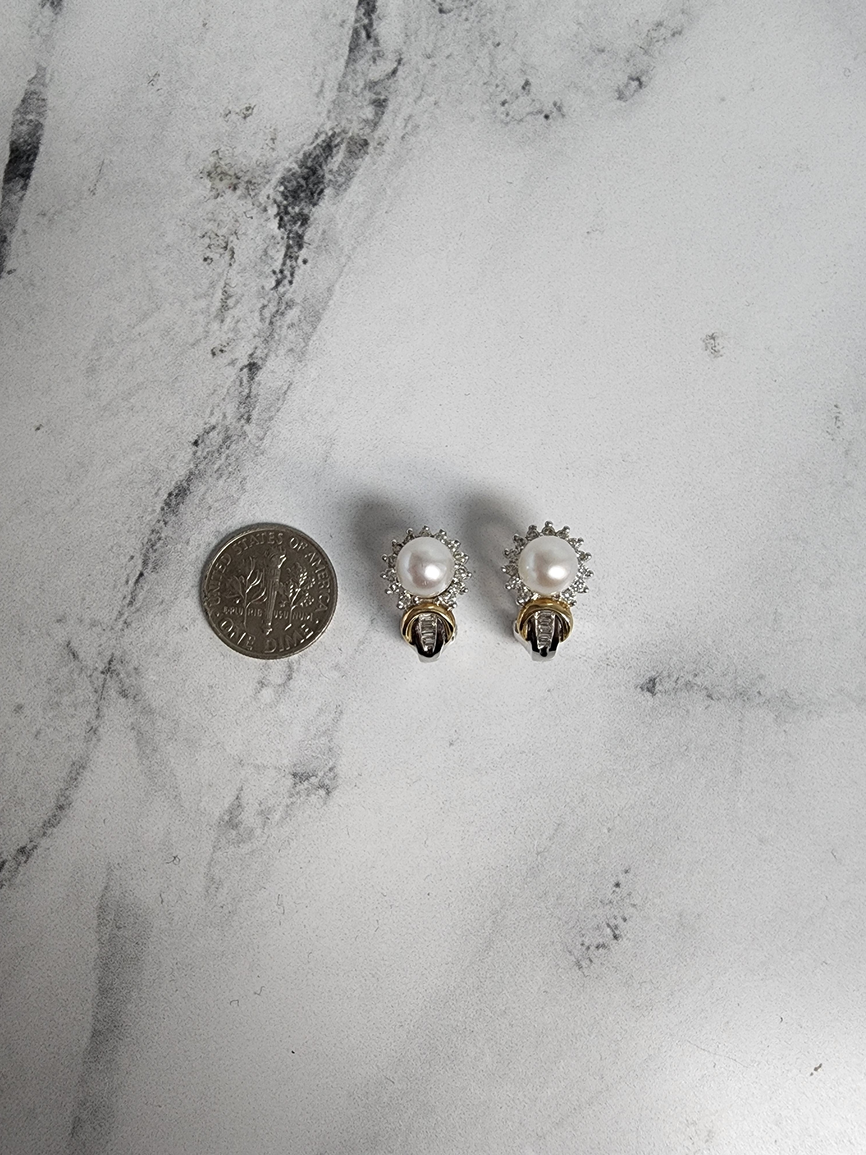 14K Two-Tone Gold Pearl & Diamond Halo Earrings with Diamond Accents - Elegant Jewelry for Weddings, Parties & Special Occasions