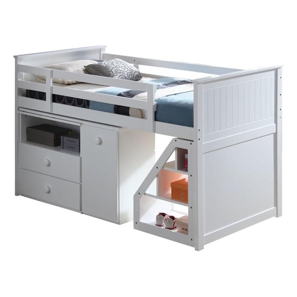Pemberly Row Twin Size Loft Bed with Storage, Ladder, Chest & Swivel Desk - White | Space-Saving Kids Bedroom Furniture for Small Rooms & Dorm Rooms