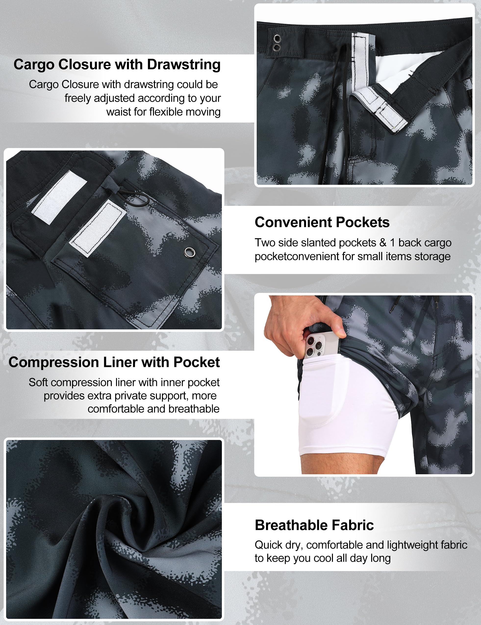 **Men's Quick-Dry Swim Trunks with Compression Liner - 2-in-1 Cargo Board Shorts with Pockets for Swimming, Surfing & Beach Activities**