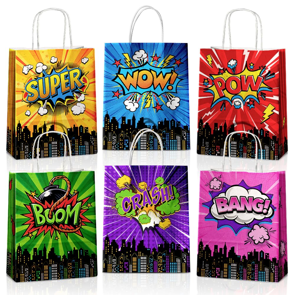 24 Pcs Hero Party Favor Bags with Handles - Comic Hero Theme Goodie Bags for Kids Birthday Party, Baby Shower & Special Events | Kraft Paper Gift Bags with Handles for Candy, Treats & Party Supplies | Perfect for Superhero Themed Decorations & Party Favors