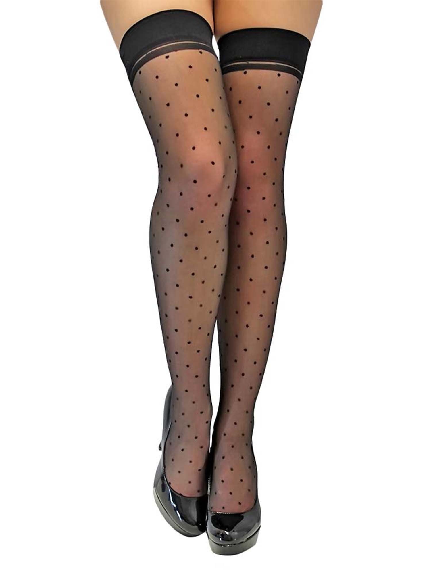 Luxury Divas Black Polka Dot Sheer Thigh High Stockings - Sexy Sheer Tights for Women, Fashionable Hosiery with Lace Trim - Perfect for Date Night, Cosplay, and Evening Outfits