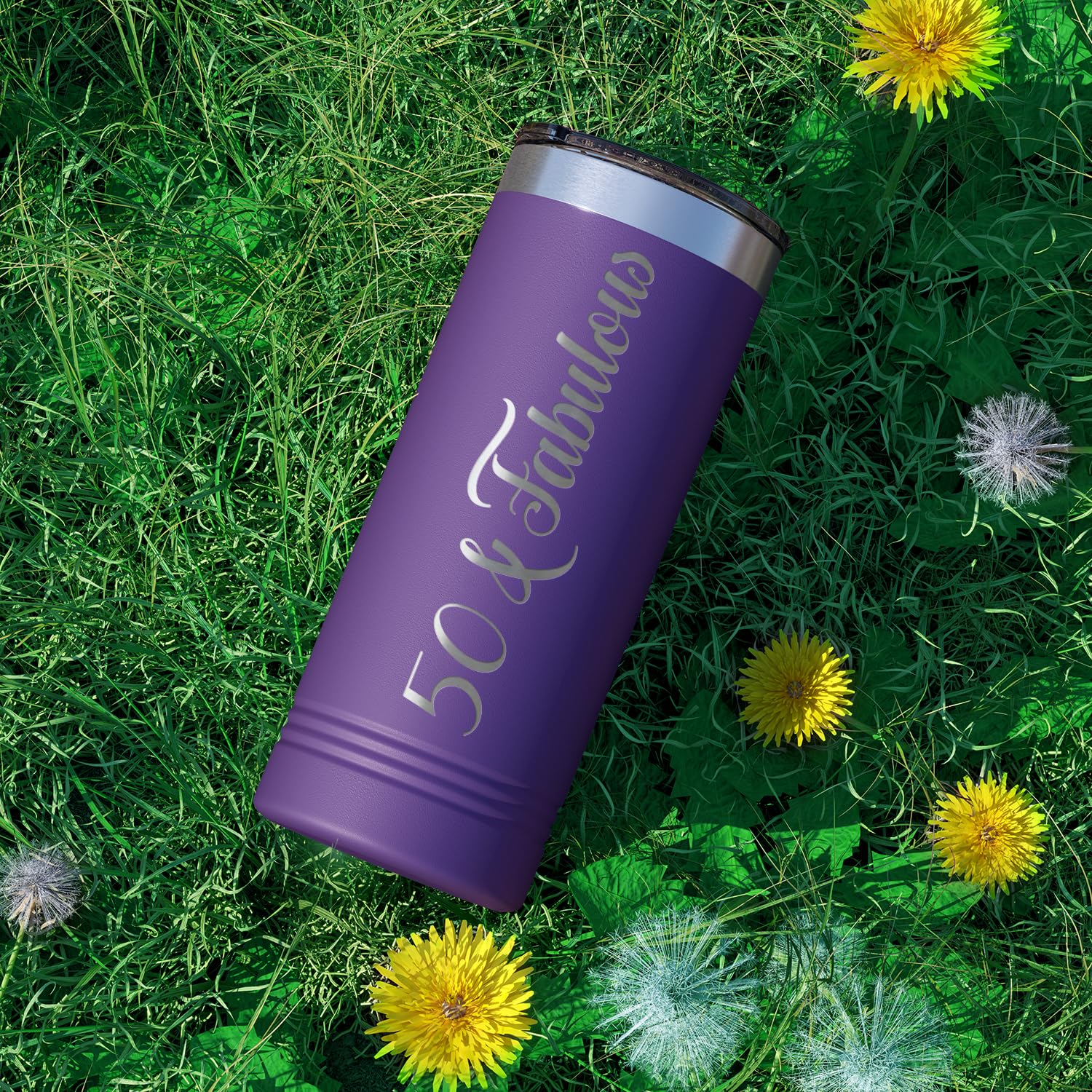 50 & Fabulous 22 oz Skinny Tumbler - Vacuum Insulated Cup for Women's 50th Birthday Gifts with Purple Decorations - Perfect for Coffee, Tea & Cold Drinks at Home, Office or Travel