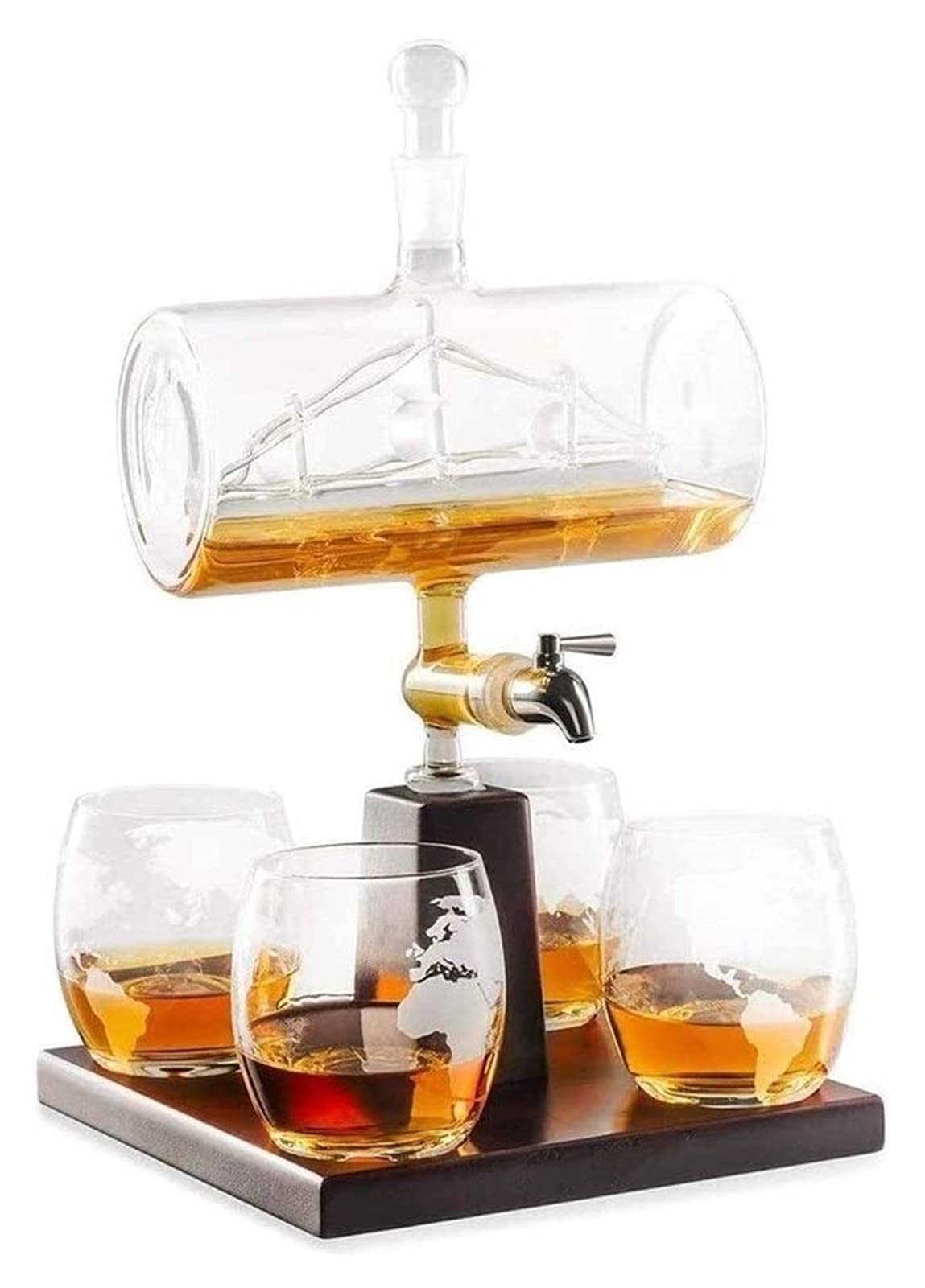 Premium Whiskey Decanter Set with 4 Crystal Glasses & Oak Wood Stand - Elegant Liquor Dispenser for Bourbon, Scotch, Wine - Perfect for Home Bar, Gift Giving & Entertaining Guests