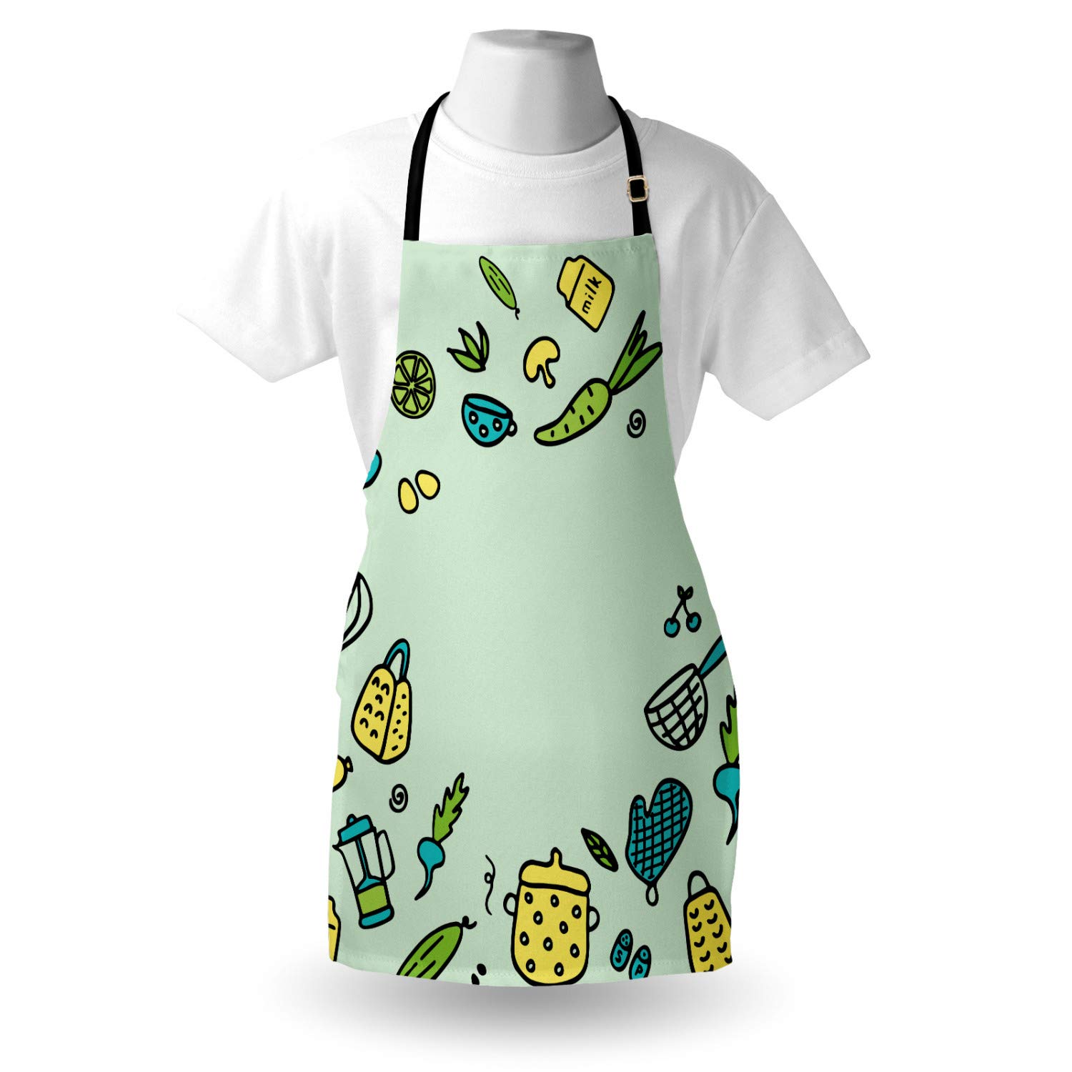 Ambesonne Personalized Chef Apron - Doodle Design Kitchen Appliances & Cooking Items, Adjustable Neck Unisex Bib for Adults, Mint Green - Perfect for Cooking, Baking, BBQ & Home Kitchen Use