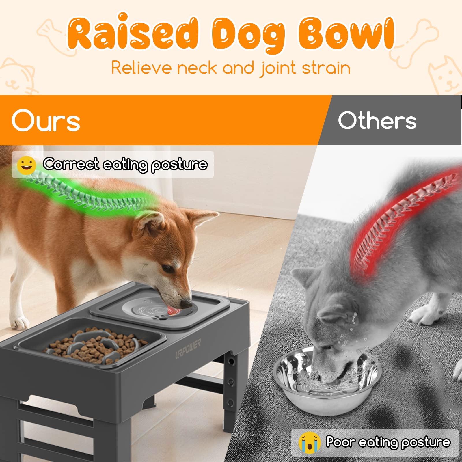 URPOWER 2-in-1 Elevated Slow Feeder Dog Bowl with No Spill Water Bowl - 4 Height Adjustable Raised Pet Feeder for Small, Medium & Large Dogs, Cats - Anti-Choking & Digestion Aid for Fast Eaters - Perfect for Home, Travel & Outdoor Use