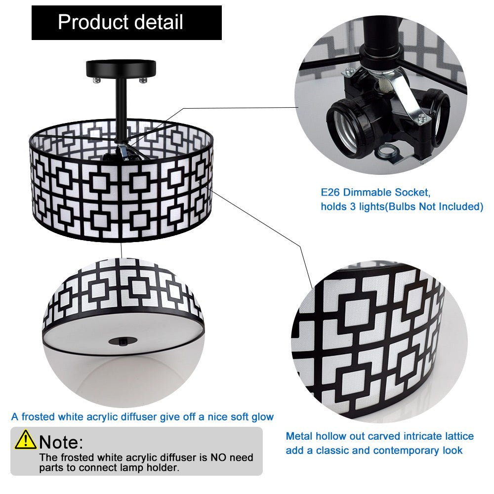 Depuley 12.6 Inch Modern Semi Flush Mount Ceiling Light Fixture - 3-Light Drum Chandelier for Bedroom, Dining Room, Kitchen, Hallway, Entryway, Foyer & Living Room - Black/Silver Finish - Perfect for Ambient Lighting and Home Decor